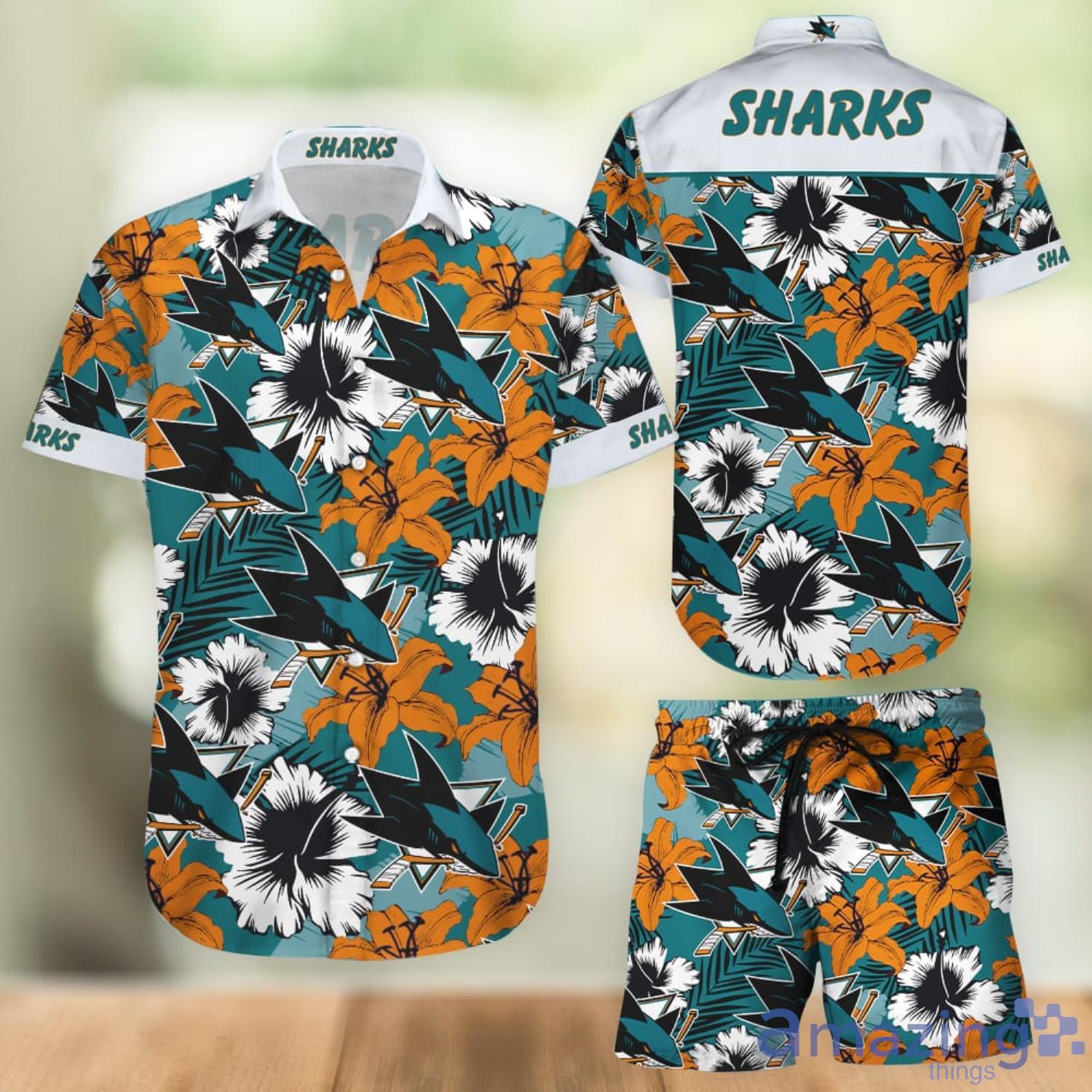 San Jose Sharks Short Sleeve Button Up Tropical Aloha Hawaiian