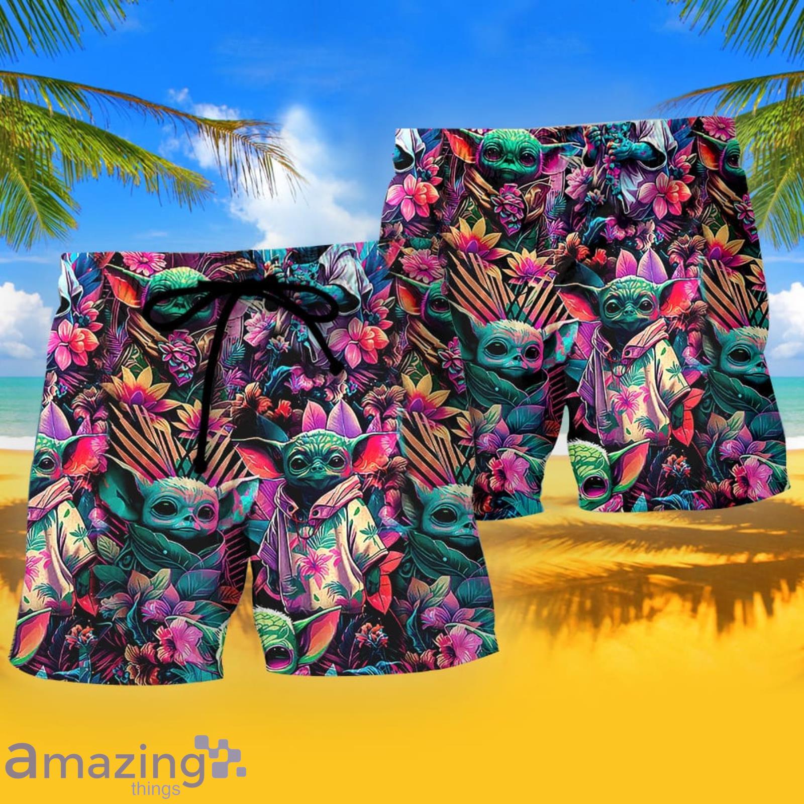 Starwars Baby Yoda Synthwave Cool Summer Gift Beach Shorts image Starwars Baby Yoda Synthwave Cool Summer Gift Beach Shorts Product Photo 2