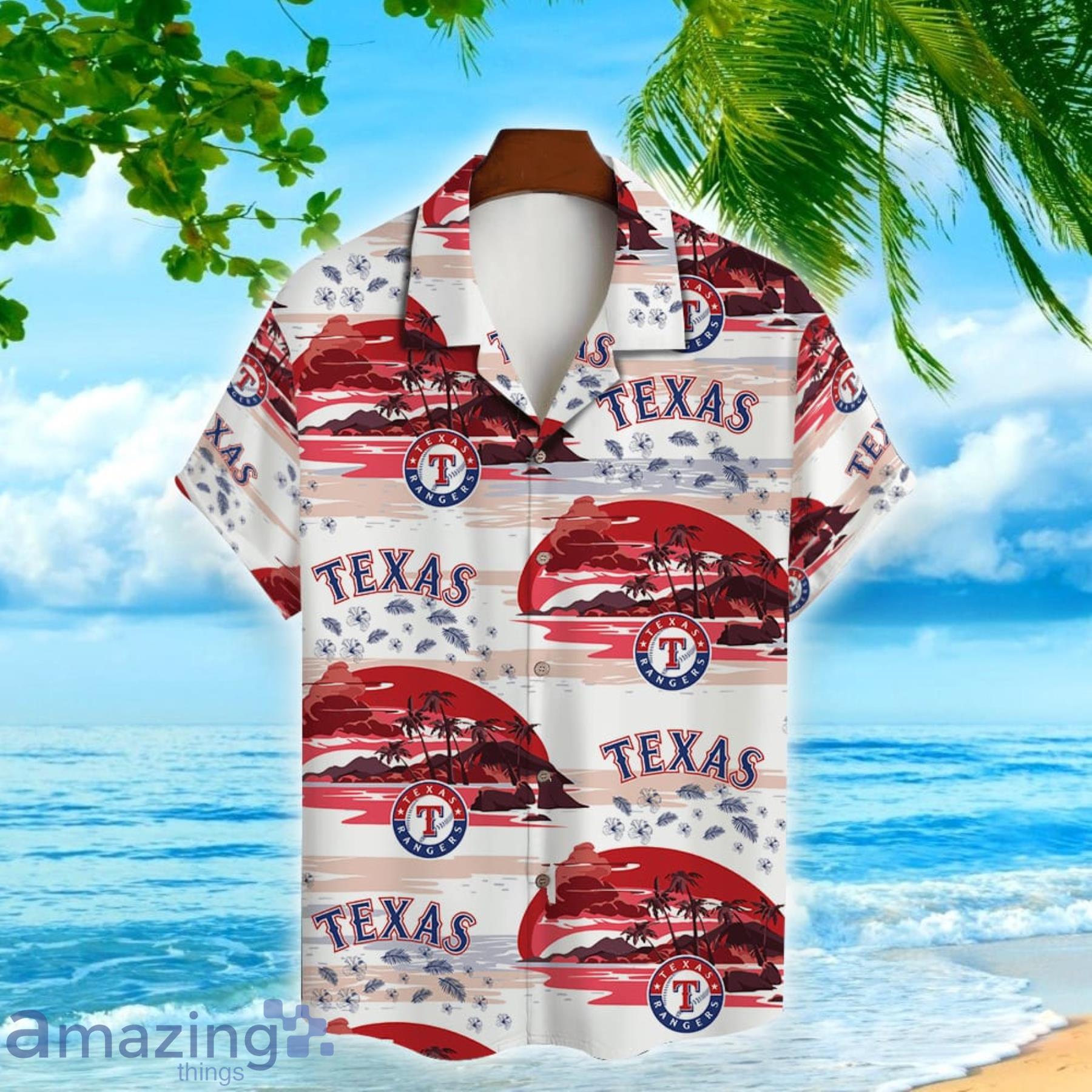 Texas Rangers Vintage Sea Island Pattern Hawaiian Shirt And