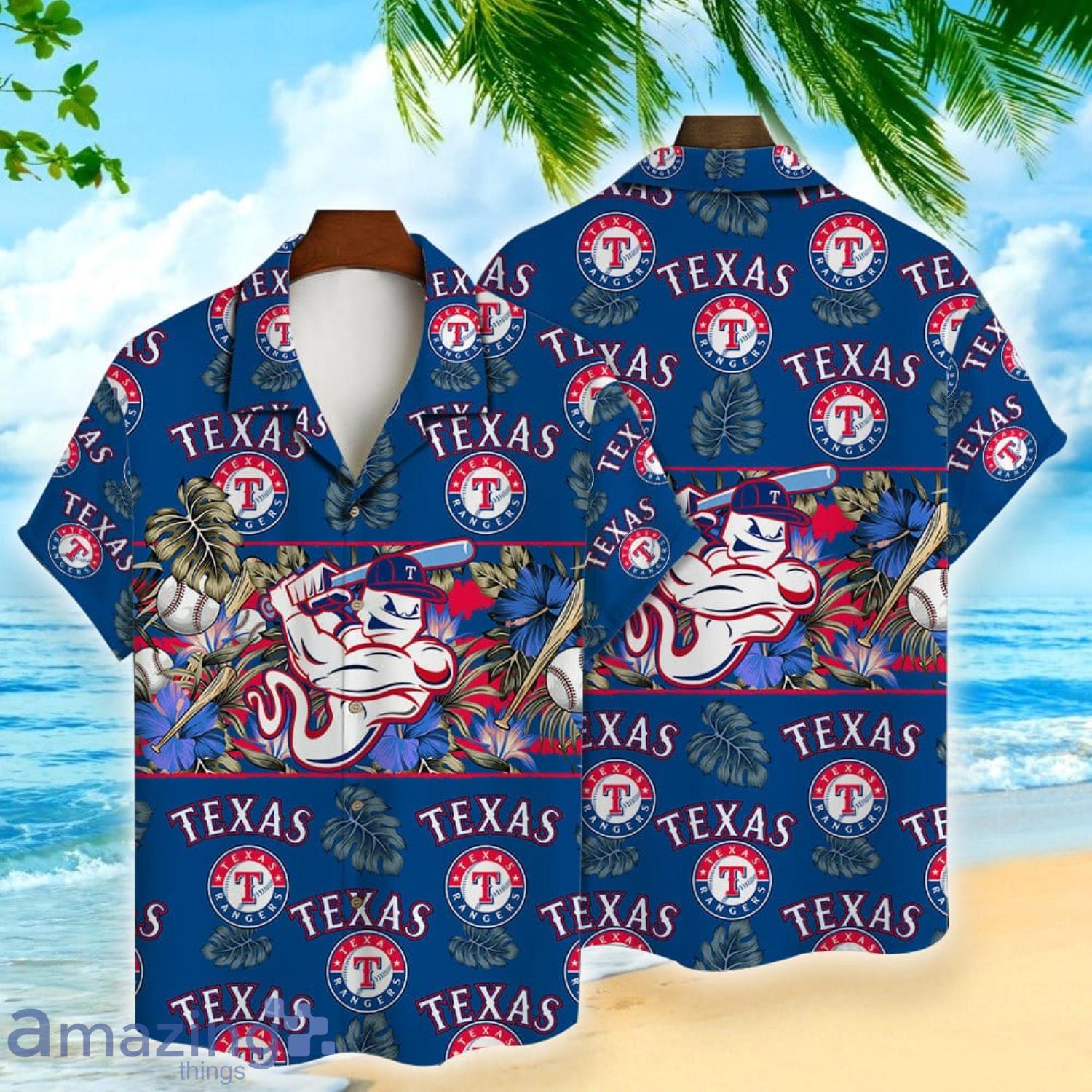 Texas Rangers Mascot And Leaves Tropical Style Hawaiian Shirt Product Photo 1