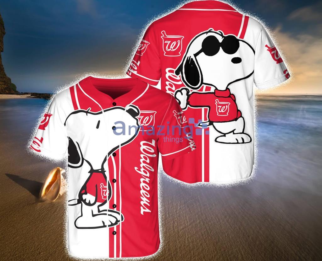 Walgreens Snoopy Red And White Baseball Jersey Shirt Gift For Fans Product Photo 1