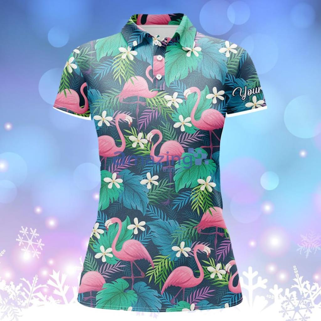 Women Golf Polo Shirts Colorful Flamingo Green Tropical Leaf Pattern Custom Name Team Golf Polo Shirts Product Photo 1