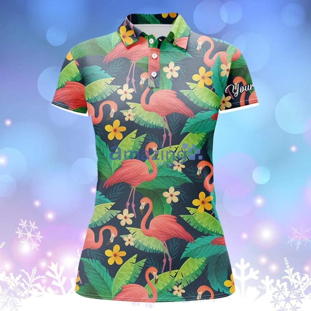 Women Golf Polo Shirts Colorful Flamingo Pattern Green Tropical Leaves Custom Name Team Golf Polo Shirts Product Photo 1