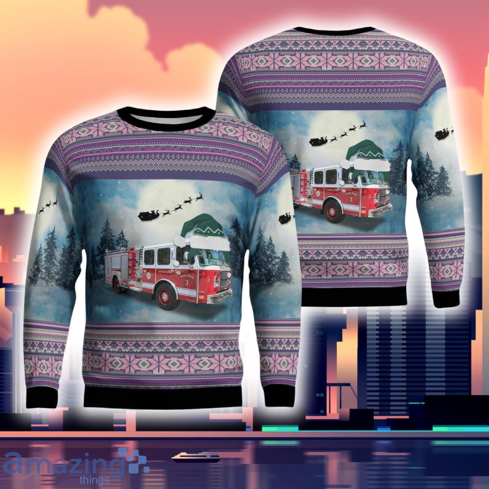 Worcester Fire Department Engine 3 Worcester Massachusetts Christmas 3D Ugly Sweater Product Photo 1