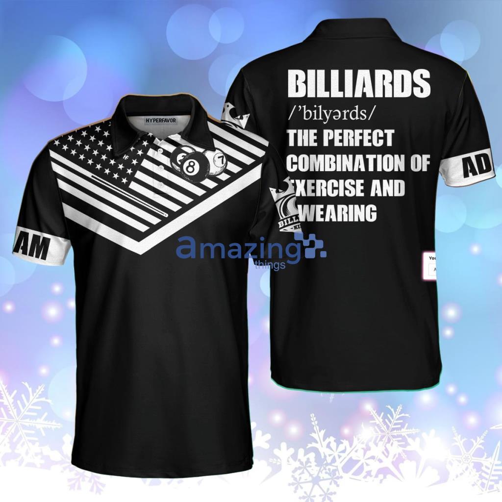 Billiards Excercise And Swearing Custom Polo Shirt, Black And White American Flag Billiards Polo Shirt Product Photo 1