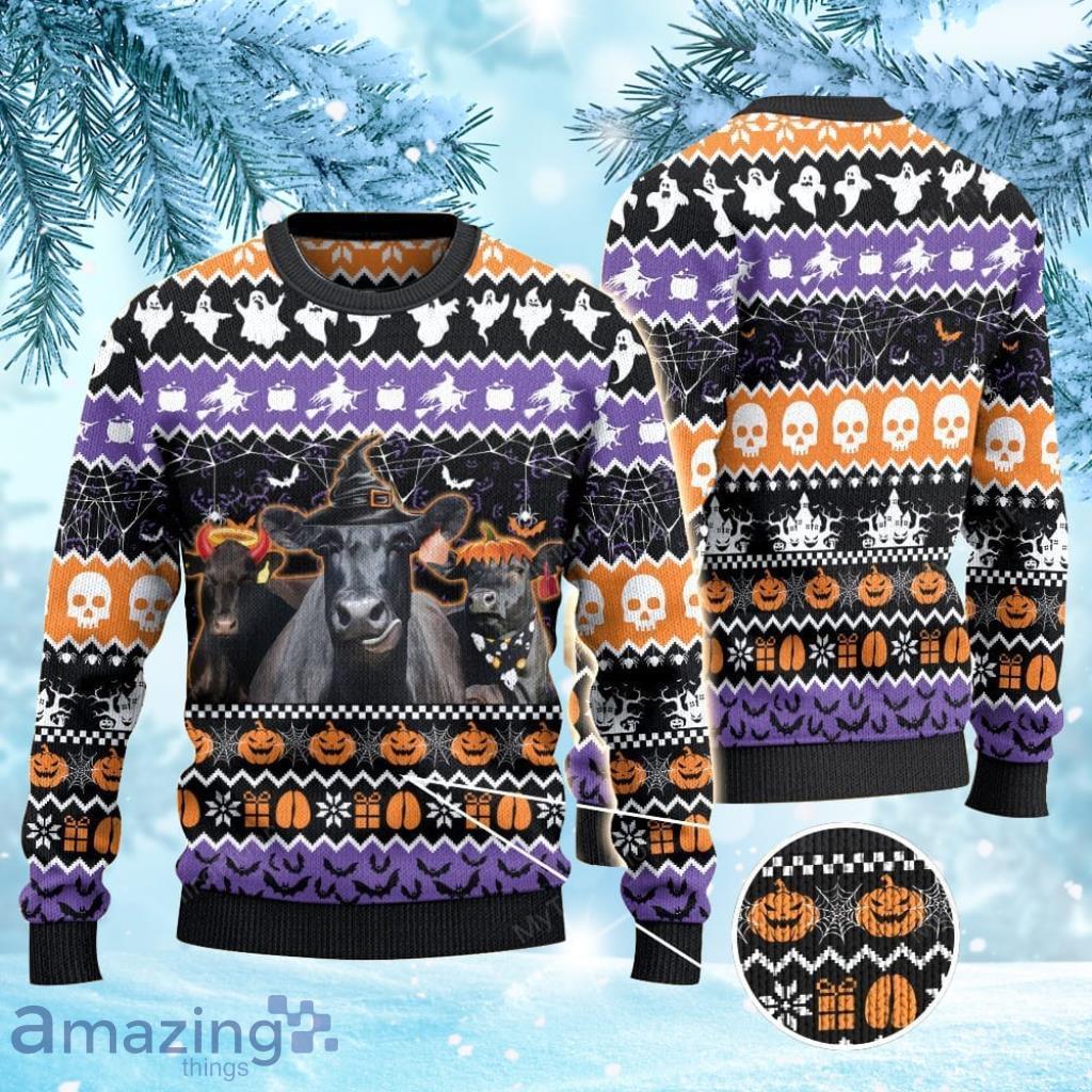 Black Angus Cattle Lovers Halloween Night Ugly Christmas Sweater 3D Gift For Men And Women Product Photo 1