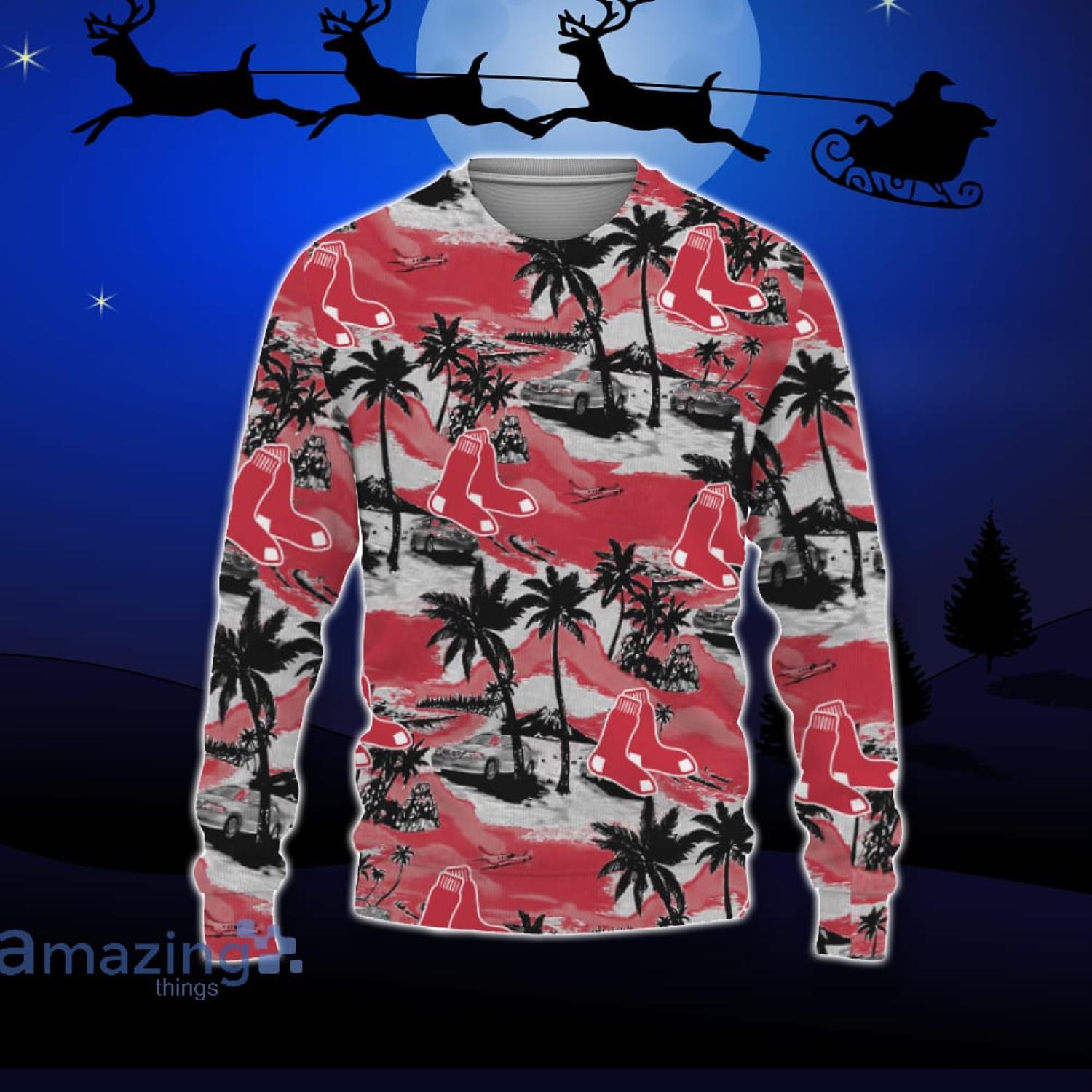 Boston Red Sox Car And Coconut Tropical Patterns Ugly Christmas Sweater For Fans Product Photo 1