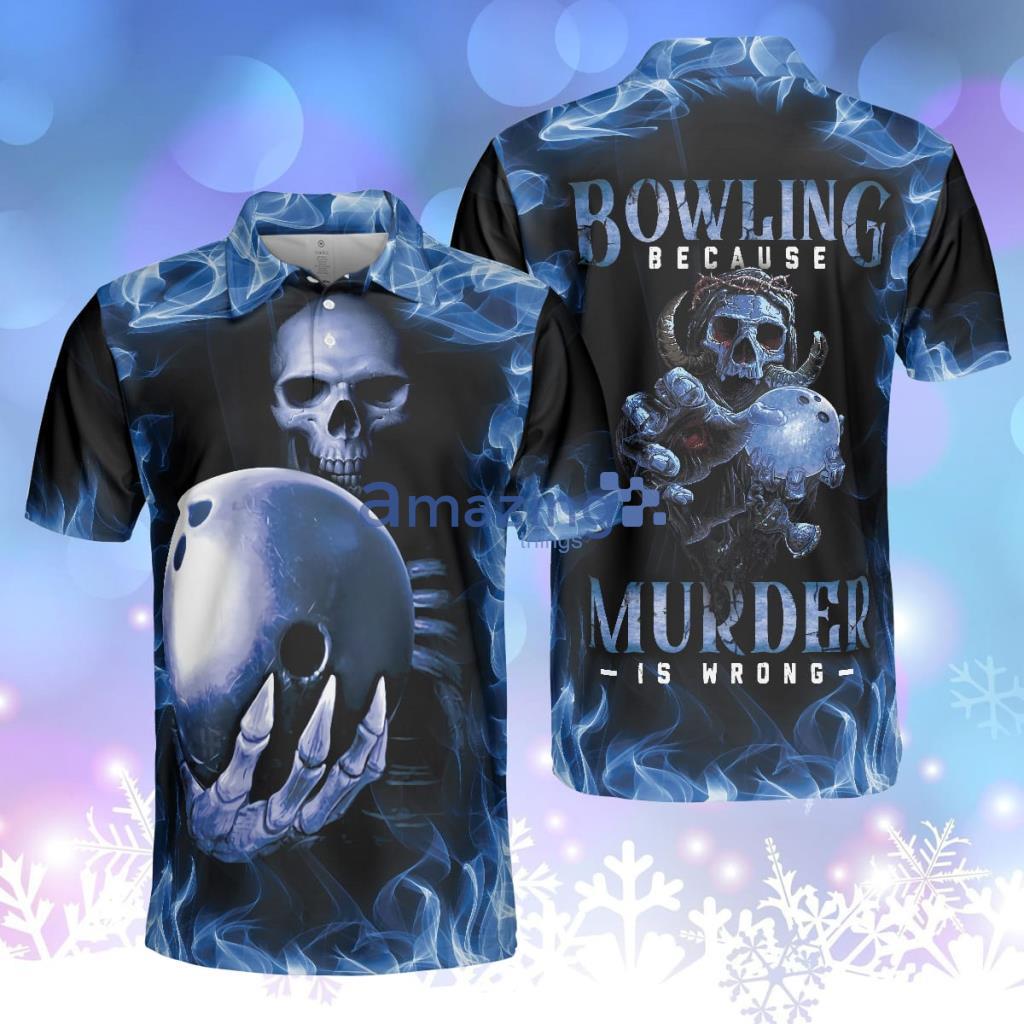 Bowling Murder Polo Shirt, Blue Flame Pattern Bowling Polo Shirt, Scary Skull Shirt Design For Halloween Product Photo 1
