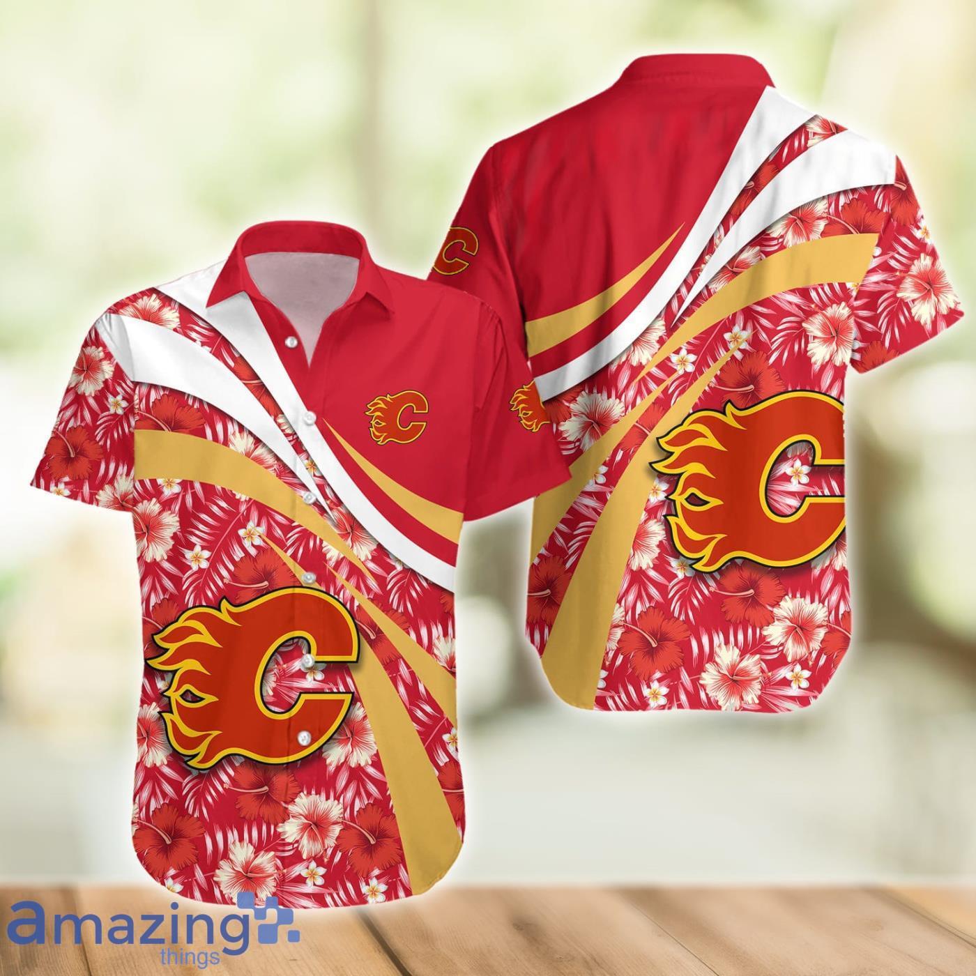 Calgary Flames NHL Hibiscus Flower Pattern Aloha Hawaiian Shirt image Calgary Flames NHL Hibiscus Flower Pattern Aloha Hawaiian Shirt Product Photo 2