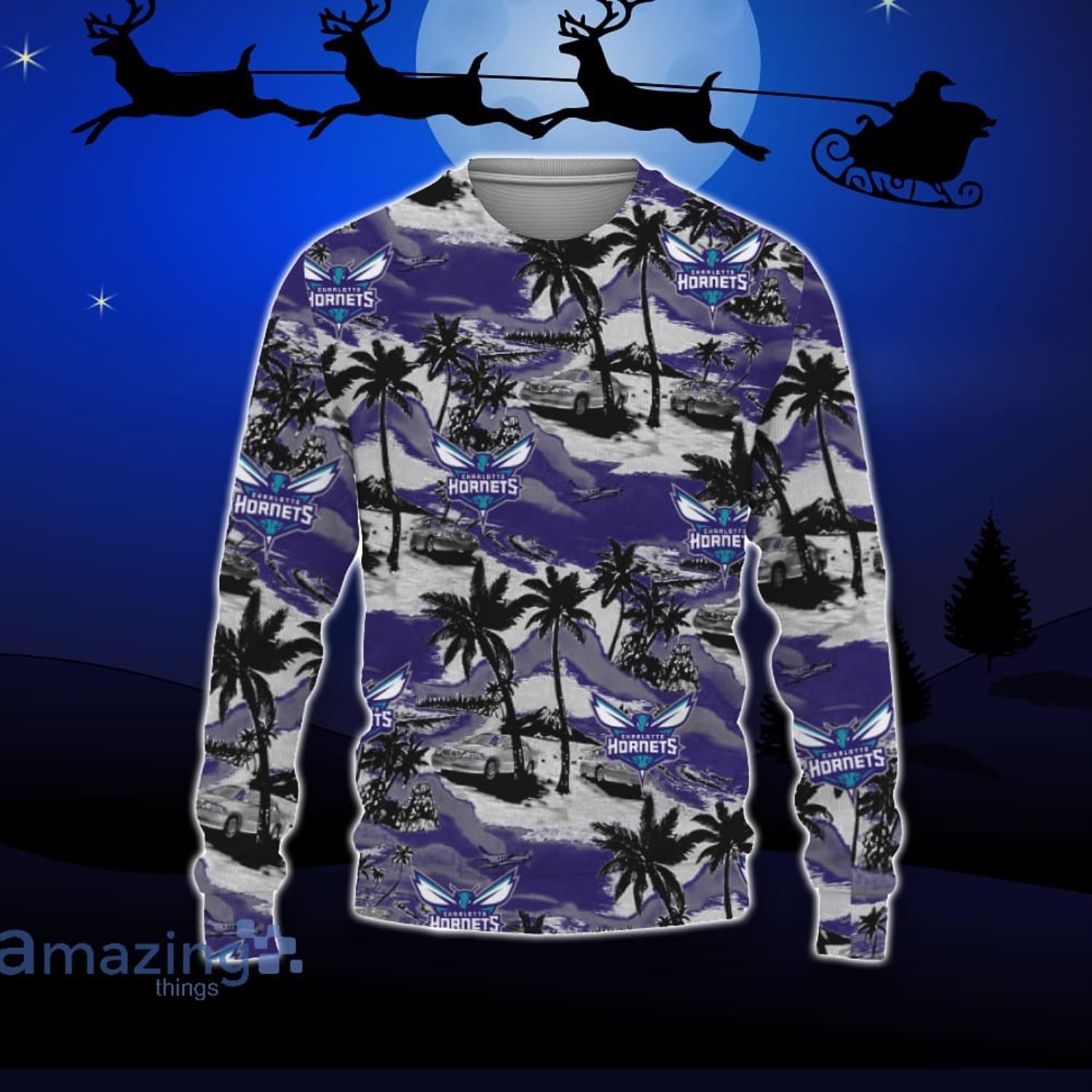 Charlotte Hornets Car And Coconut Tropical Patterns Ugly Christmas Sweater For Fans Product Photo 1