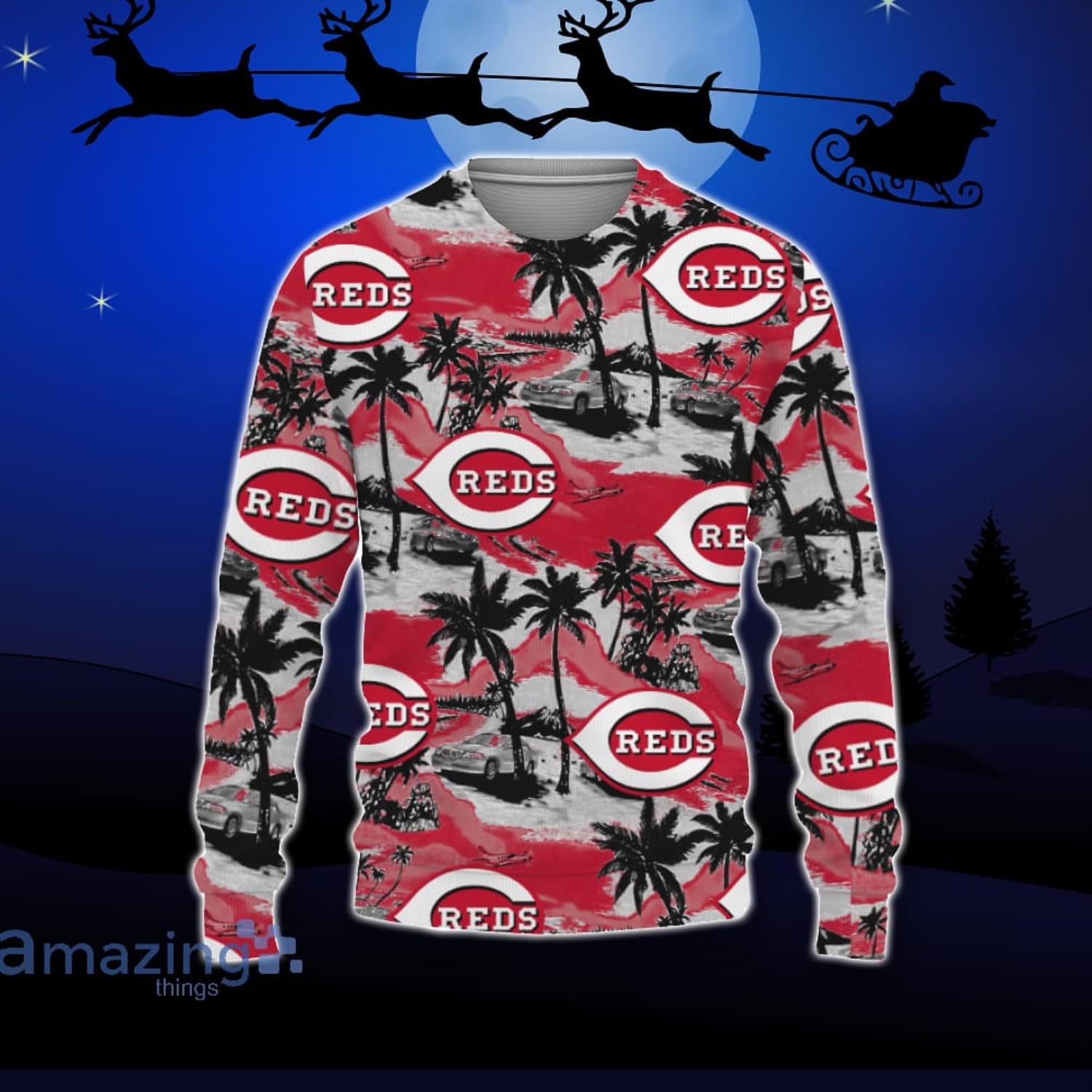 Cincinnati Reds Car And Coconut Tropical Patterns Ugly Christmas Sweater For Fans Product Photo 1 Cincinnati Reds Car And Coconut Tropical Patterns Ugly Christmas Sweater For Fans Product Photo 1
