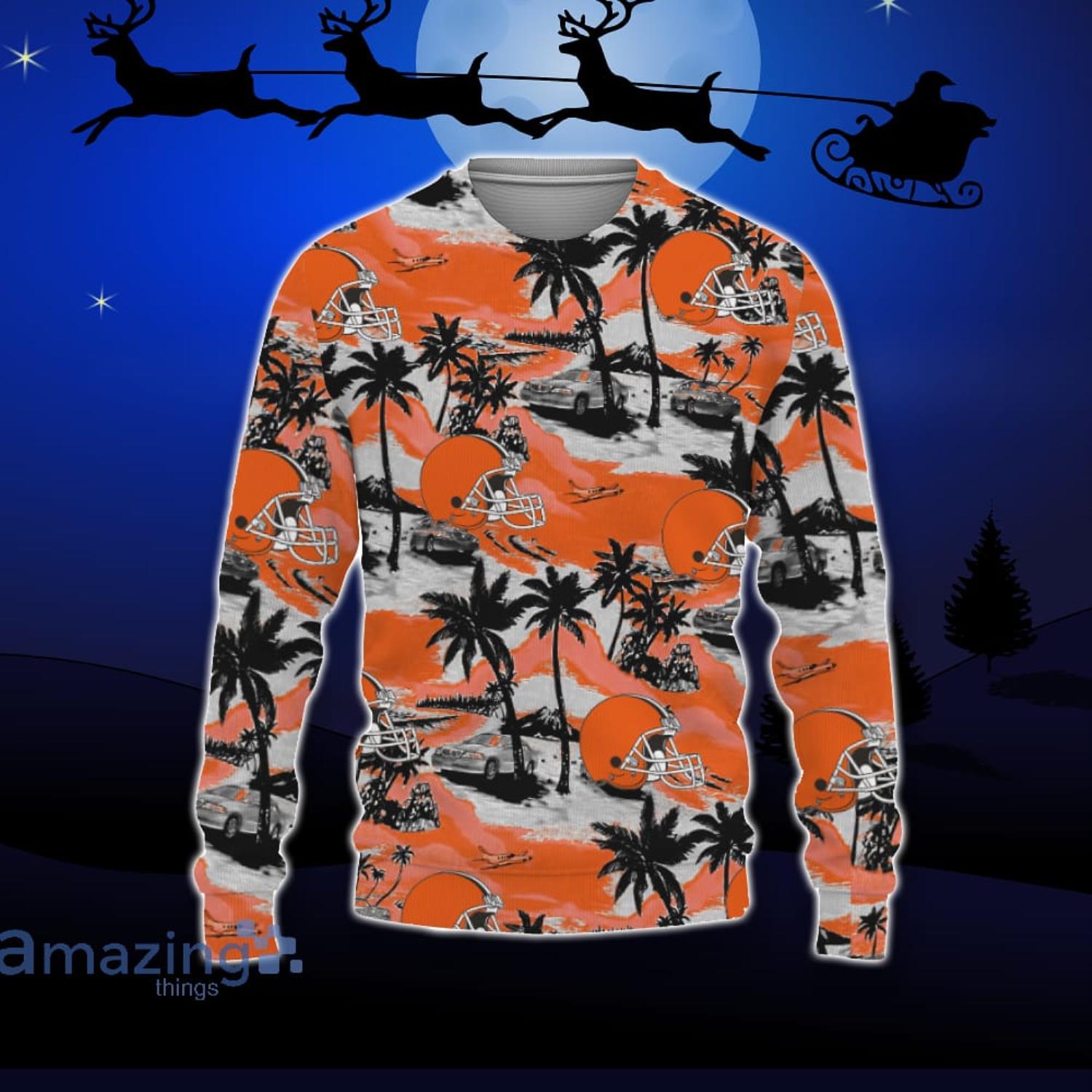 Cleveland Browns Car And Coconut Tropical Patterns Ugly Christmas Sweater For Fans Product Photo 1 Cleveland Browns Car And Coconut Tropical Patterns Ugly Christmas Sweater For Fans Product Photo 1