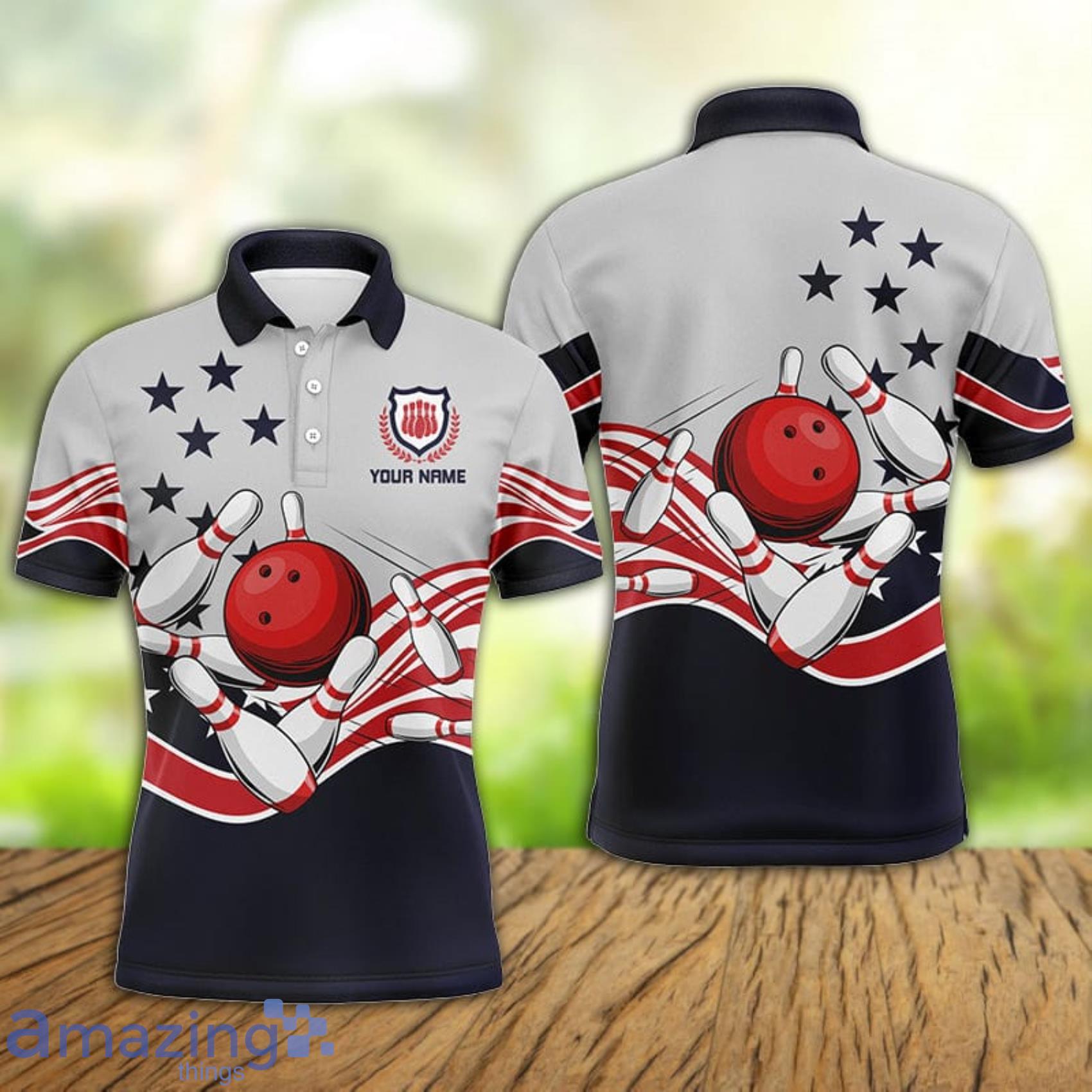 Custom Name American Flag Patriotic Vintage Bowling Team Polo