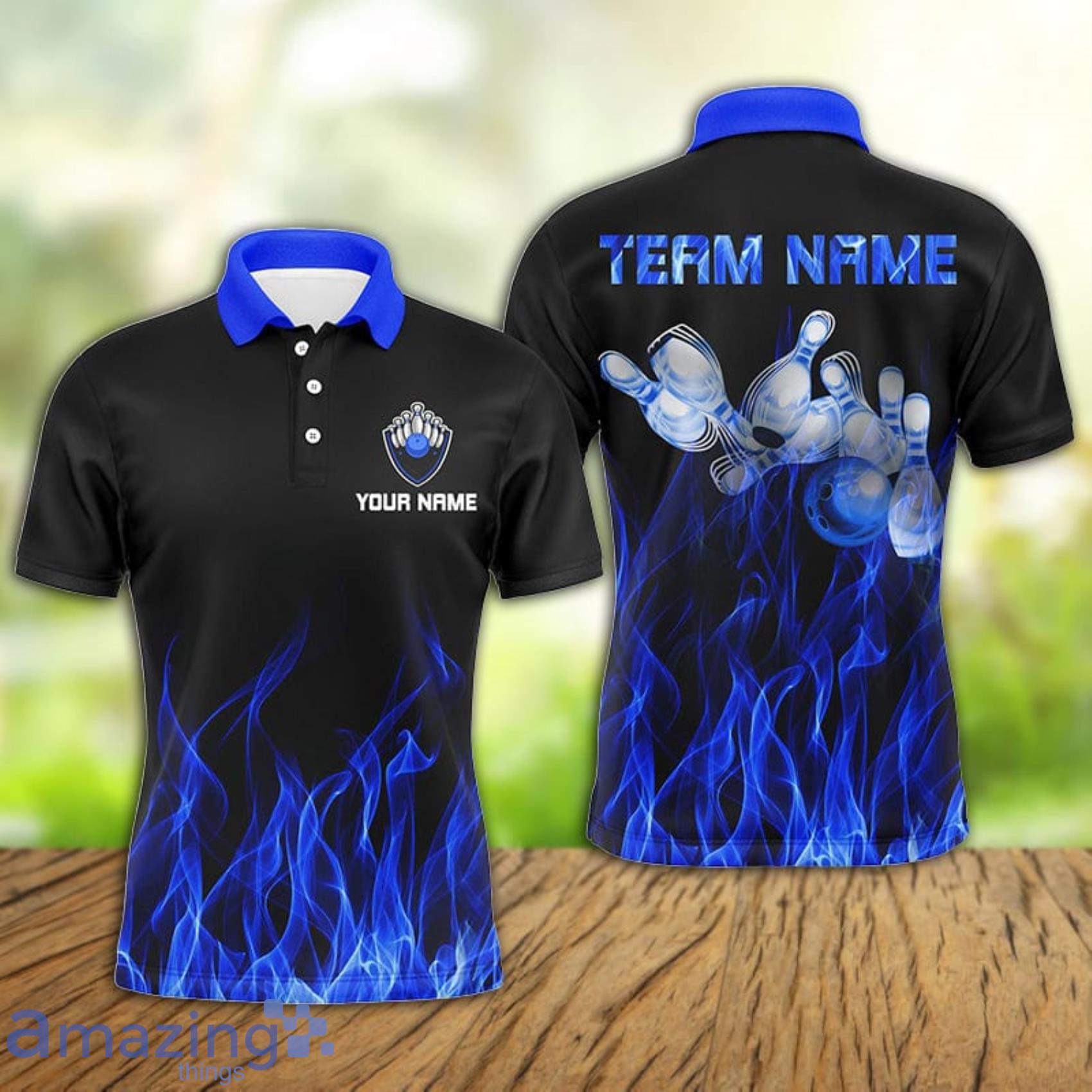 Custom Name Blue Flame Bowling Ball And Pins Bowling Polo Shirt For Men And Women Product Photo 1