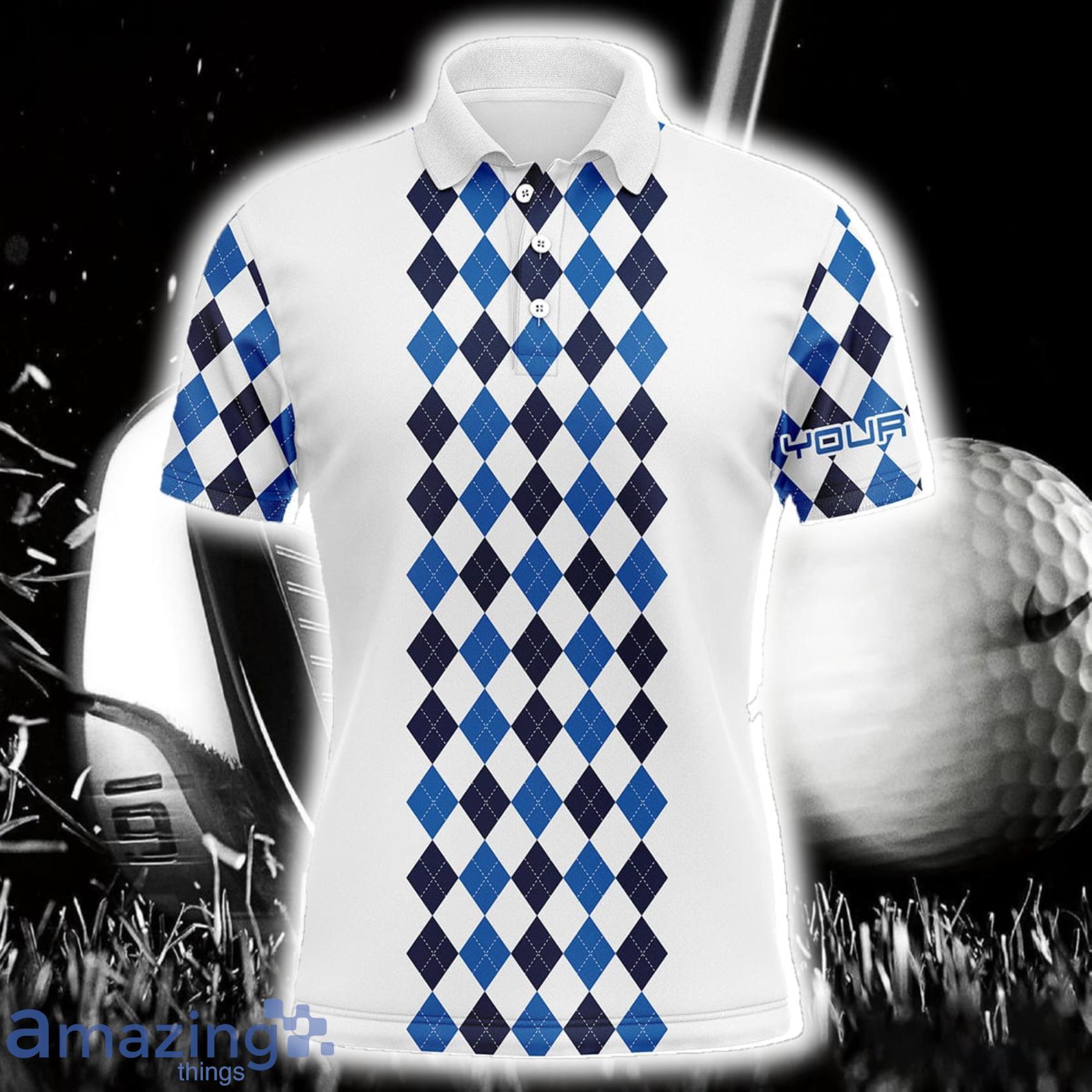 Custom Name Golf Polo Shirts For Men Blue Pattern White Polo Shirt For Men And Women Product Photo 1