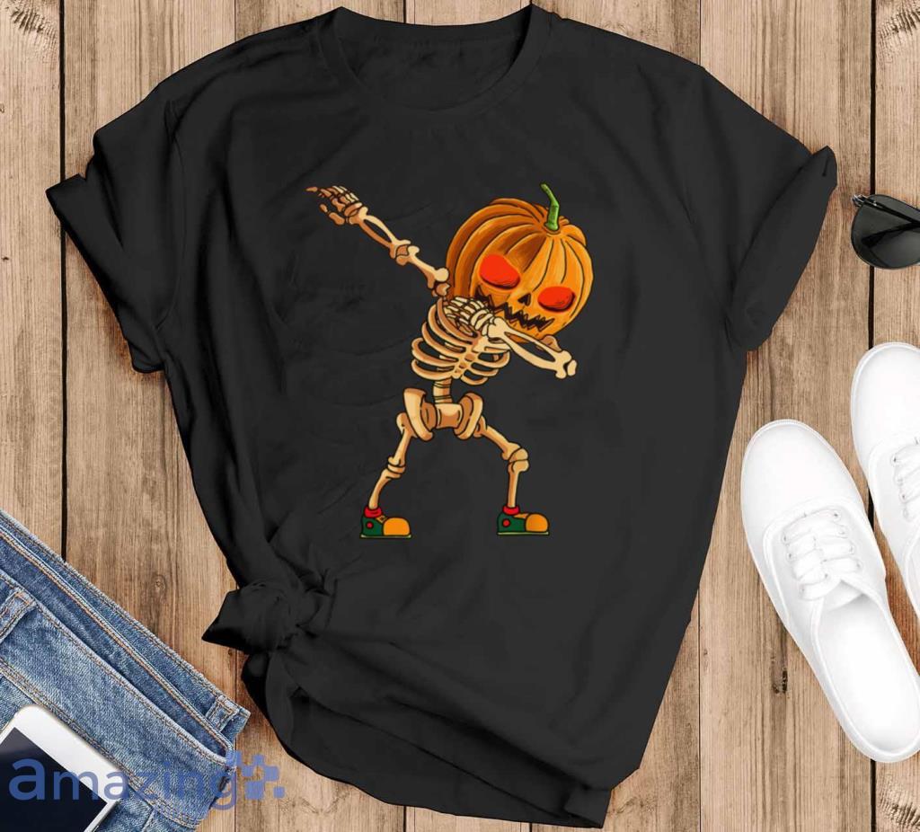Dabbing Pumpkin Scary Skeleton Costume Funny Halloween T Shirt Product Photo 1