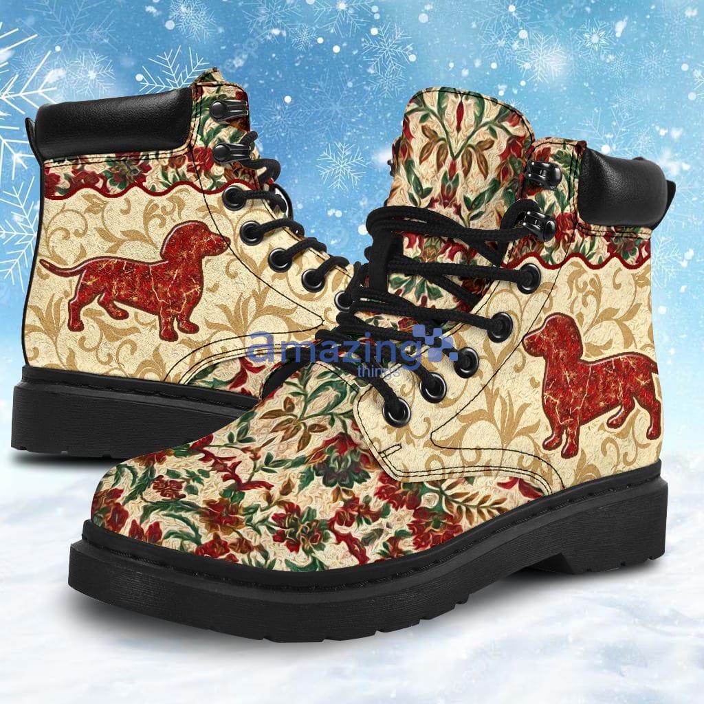 Dachshund Dog Flower Red Classic Vintage Boots, Vegan Leather Boots Shoes, Gift For Women And Men Hiking Boots Malalan Product Photo 1