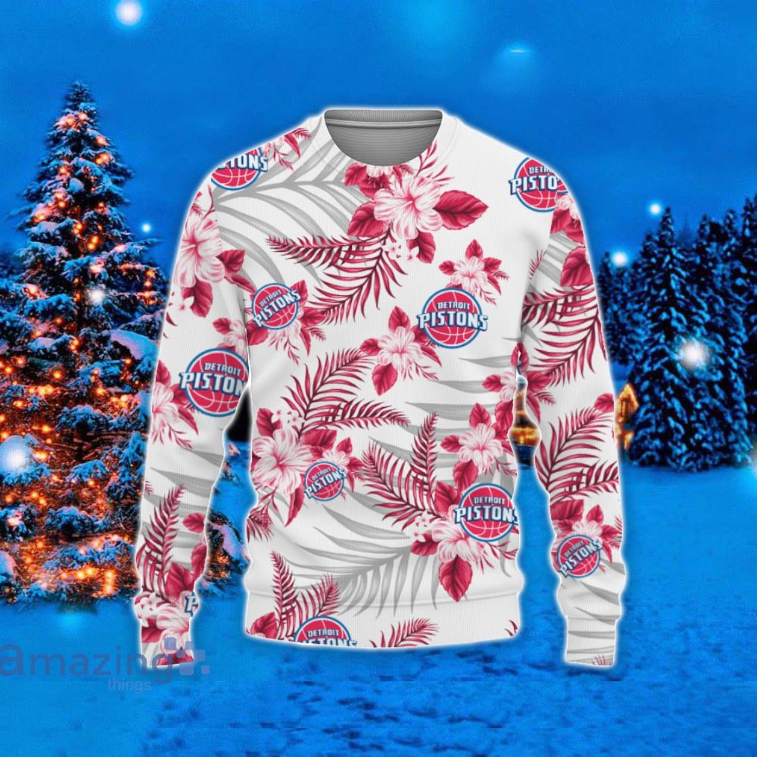 Detroit Pistons Hawaii Tropical Patterns Ugly Christmas Sweater For Fans Product Photo 1