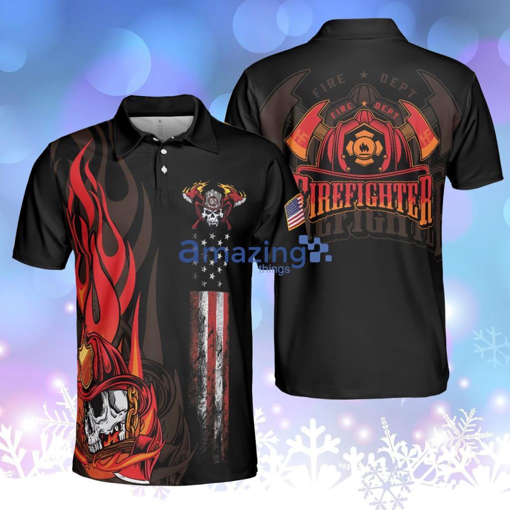 Firefighter Skull Flame Polo Shirt, Black American Flag Firefighter Shirt For Men Product Photo 1