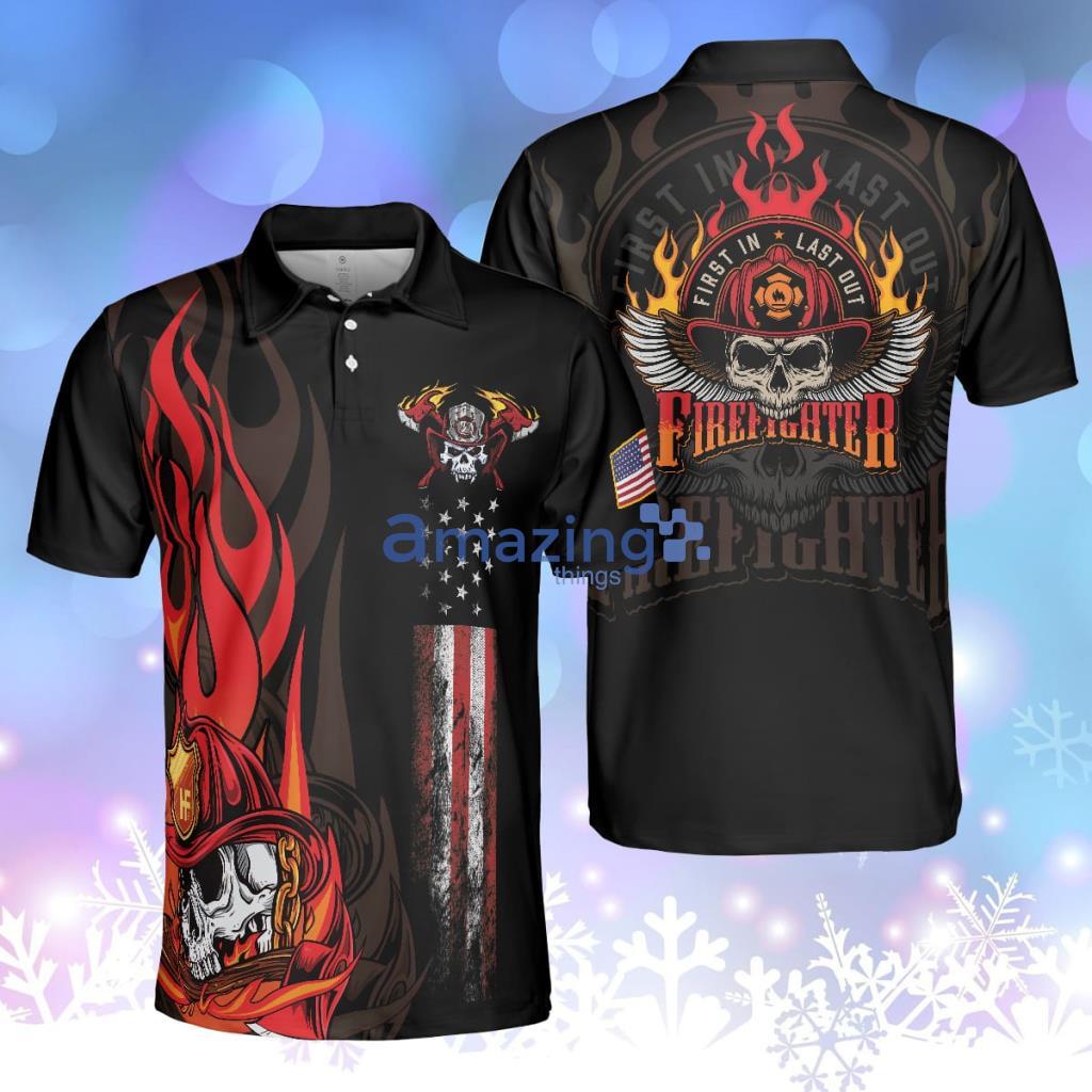 Firefighter Skull Flame Polo Shirt, First In Last Out American Flag Firefighter Shirt For Men Product Photo 1