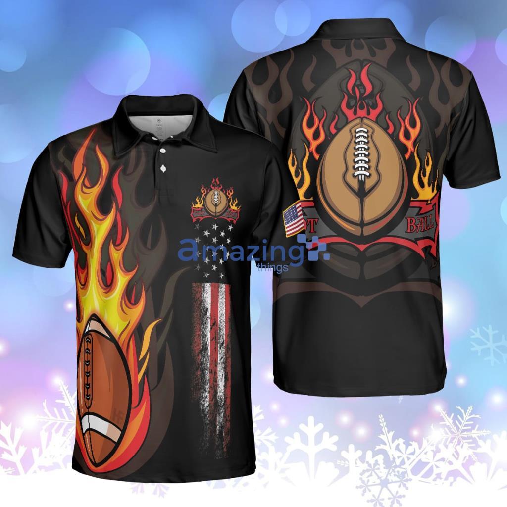 Flame American Football Black Polo Shirt, American Flag Football