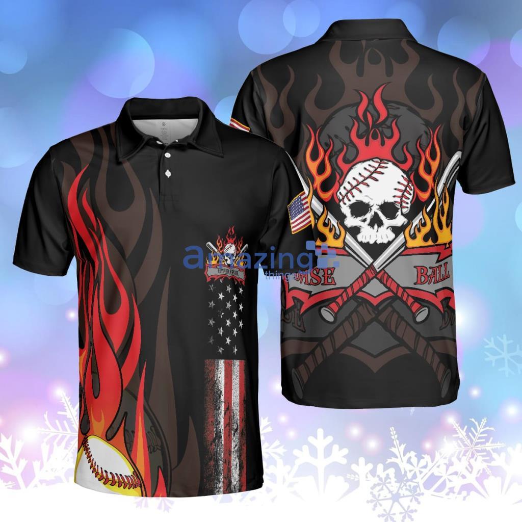 Flame Baseball Skull Polo Shirt, Baseball American Flag Polo Shirt Product Photo 1