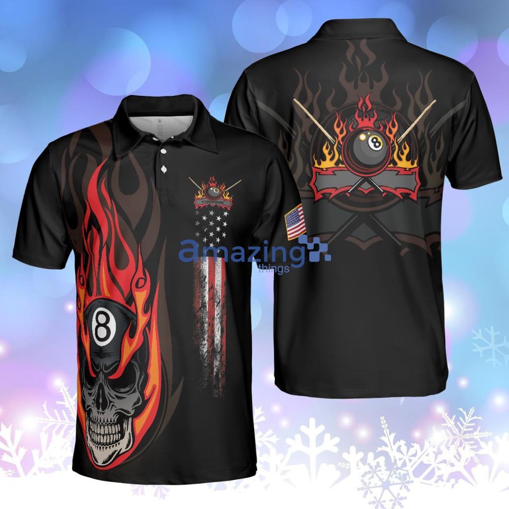 Flame Skull Billiards Pool Polo Shirt, American Flag Billiards Polo Shirt, Gift For Pool Players Product Photo 1 Flame Skull Billiards Pool Polo Shirt, American Flag Billiards Polo Shirt, Gift For Pool Players Product Photo 1
