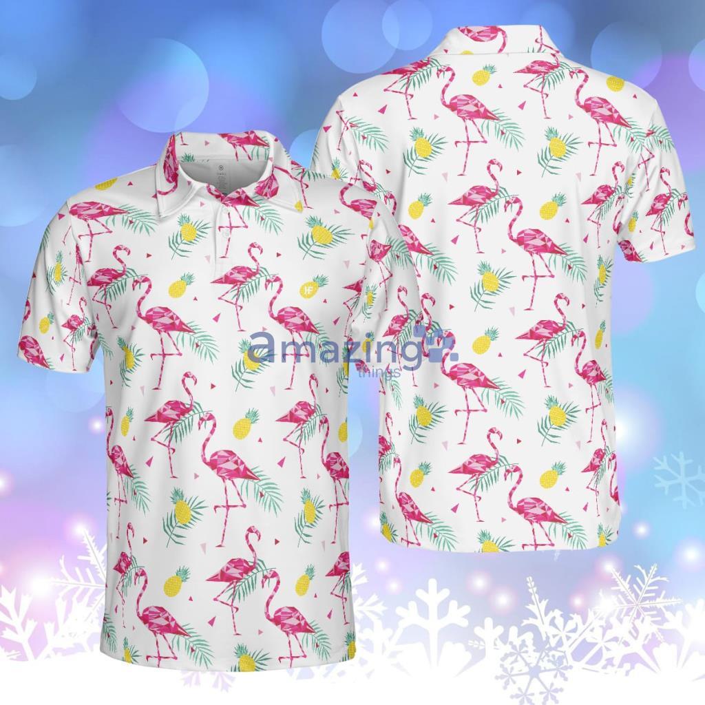 Flamingo And Tropical Pattern Polo Shirt, White Flamingo Themed Polo Shirt, Tropical Flamingo Shirt Design Product Photo 1