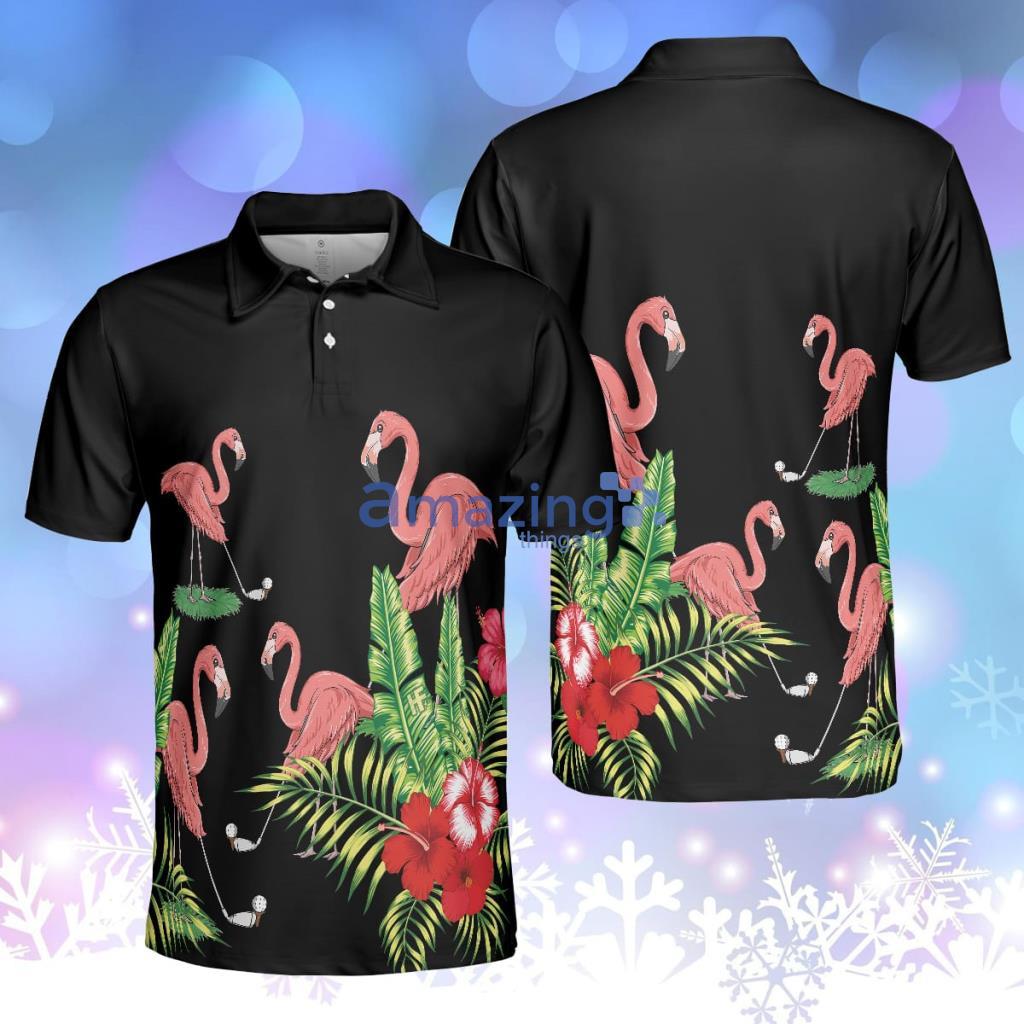 Flamingo Playing Golf And Tropical Pattern Polo Shirt, Pink Flamingo Polo Shirt For Golfers Product Photo 1