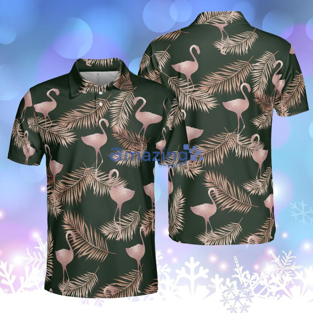 Flamingo Rose Gold Pattern Polo Shirt, Flamingo Themed Polo Shirt For Adults, Rose Gold Shirt Product Photo 1