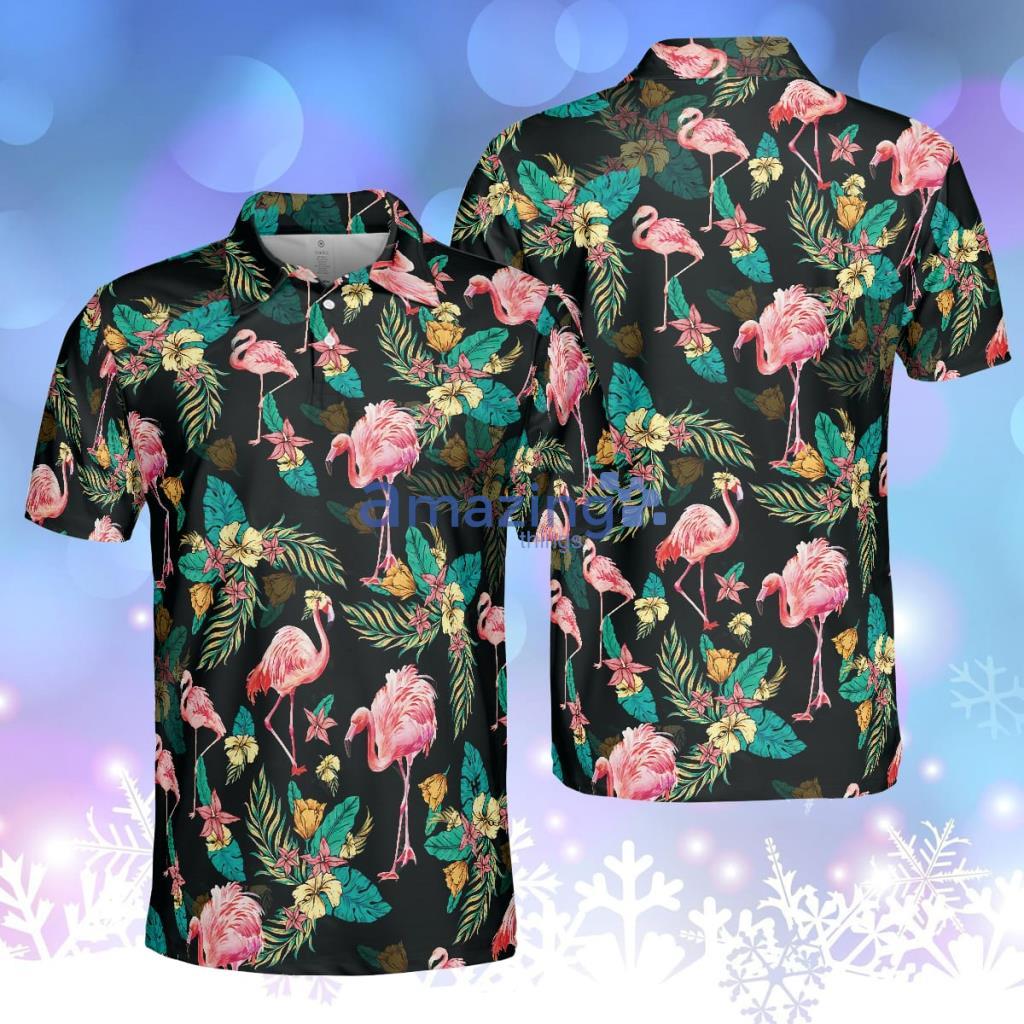 Flamingo Tropical Pattern Polo Shirt, Flamingo Print Shirt For Adults, Pink Flamingo Shirt Product Photo 1