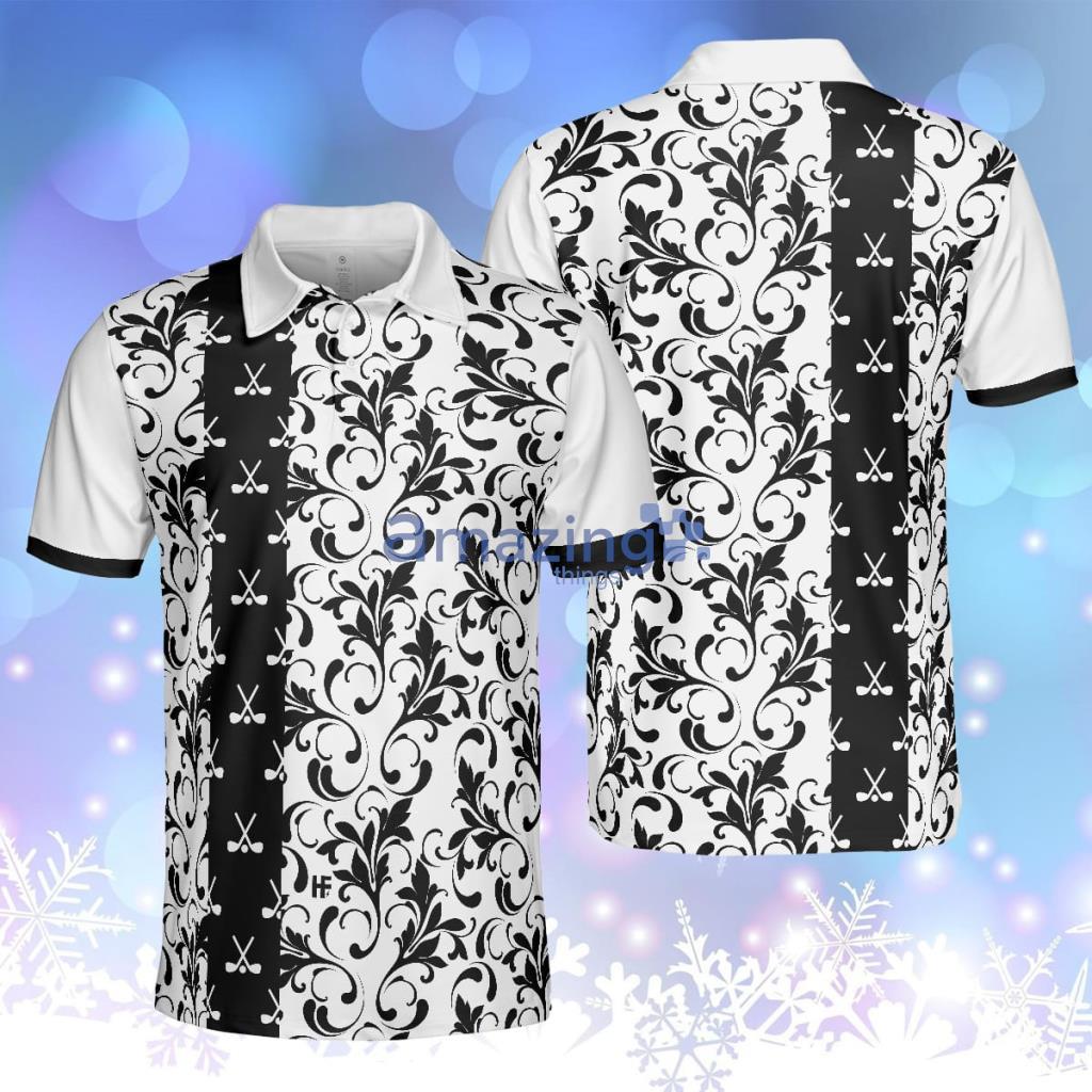 Floral Golf Pattern In White Polo Shirt, Black And White Polo Shirt, Floral For Men Product Photo 1
