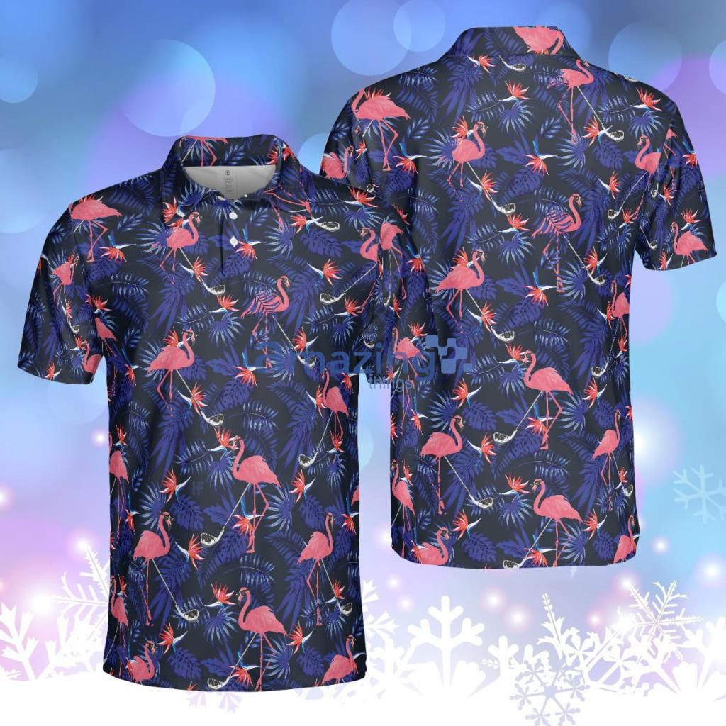 Flower And Flamingo Golf Polo Shirt, Blue Flamingo Pattern Shirt For Golf Players, Gift For Flamingo Fans Product Photo 1
