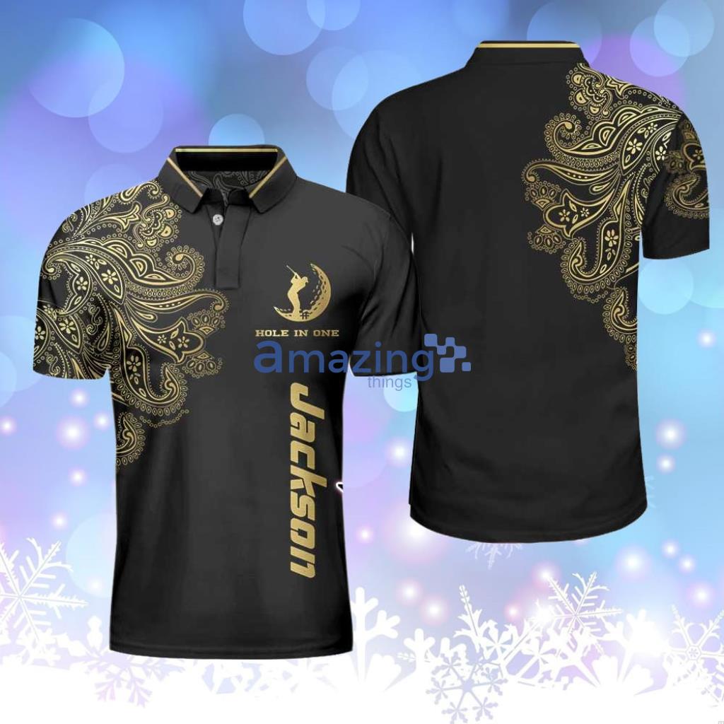 Golden Hole In One Black Golf Personalized Polo Shirt, Personalized Golden Floral Paisley For Men Product Photo 1 Golden Hole In One Black Golf Personalized Polo Shirt, Personalized Golden Floral Paisley For Men Product Photo 1