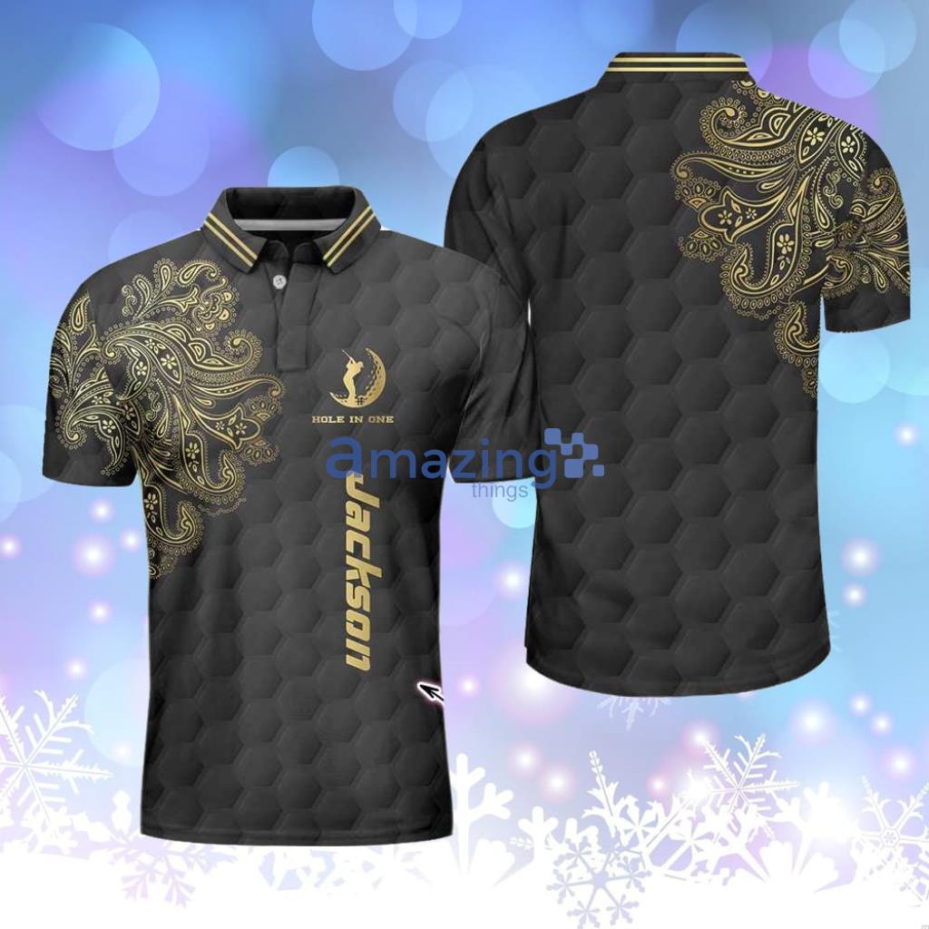 Golden Hole In One Black Golf Texture Personalized Polo Shirt, Personalized Golden Floral Paisley For Men Product Photo 1