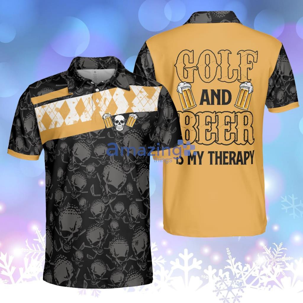 Golf & Beer Is My Therapy Polo Shirt, Skull Beer Drinking Design, Best For Male Golfers Product Photo 1