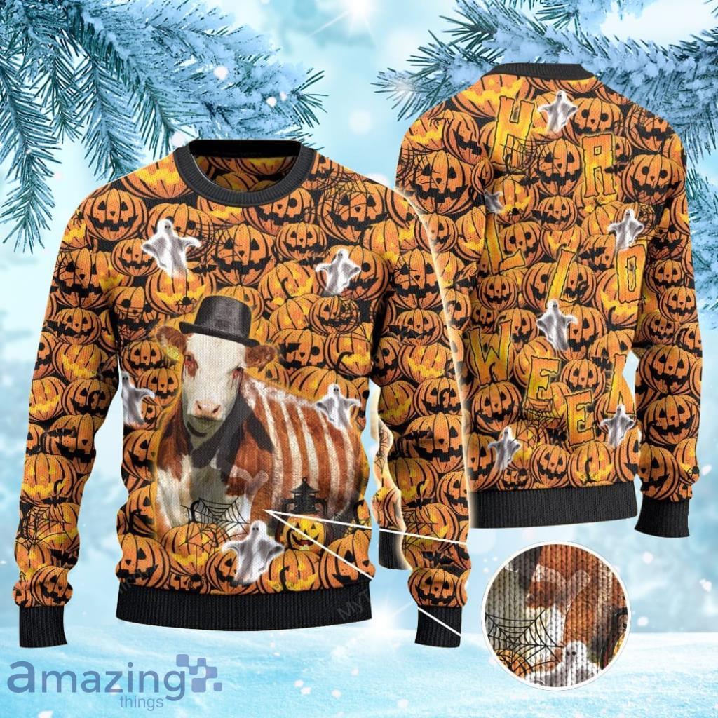 Hereford Cattle Lovers Halloween Pumpkin Ugly Christmas Sweater 3D Gift For Men And Women Product Photo 1