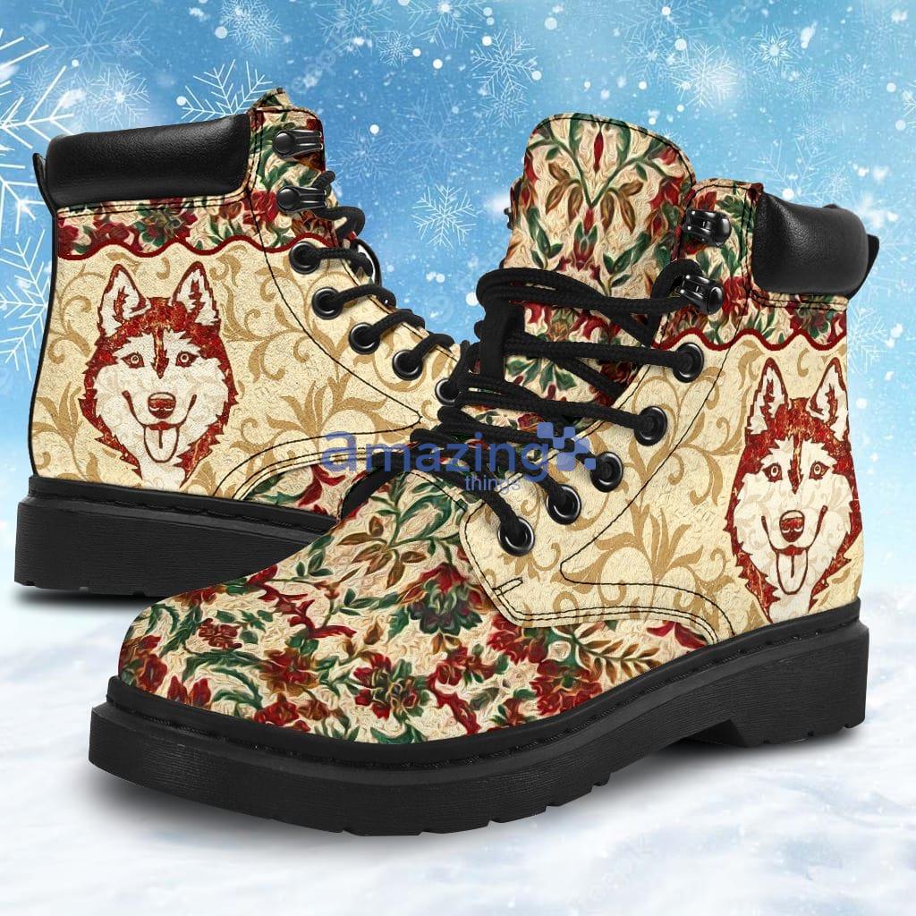 Husky Dog Flower Red Classic Vintage Boots, Vegan Leather Boots Shoes, Gift For Women And Men Hiking Boots Product Photo 1