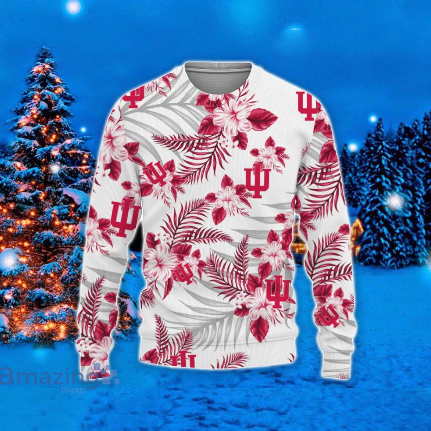 Indiana Hoosiers Hawaii Tropical Patterns Ugly Christmas Sweater For Fans Product Photo 1