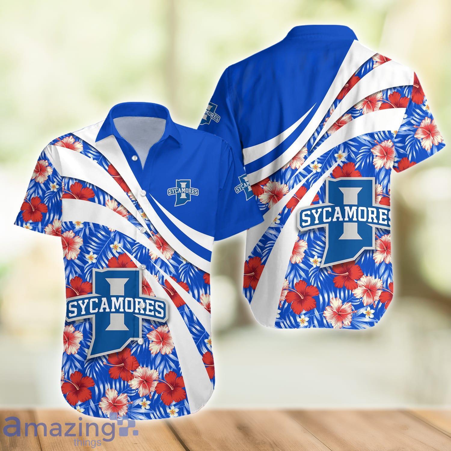 Indiana State Sycamores NCAA Hibiscus Flower Pattern Aloha Hawaiian Shirt image Indiana State Sycamores NCAA Hibiscus Flower Pattern Aloha Hawaiian Shirt Product Photo 2