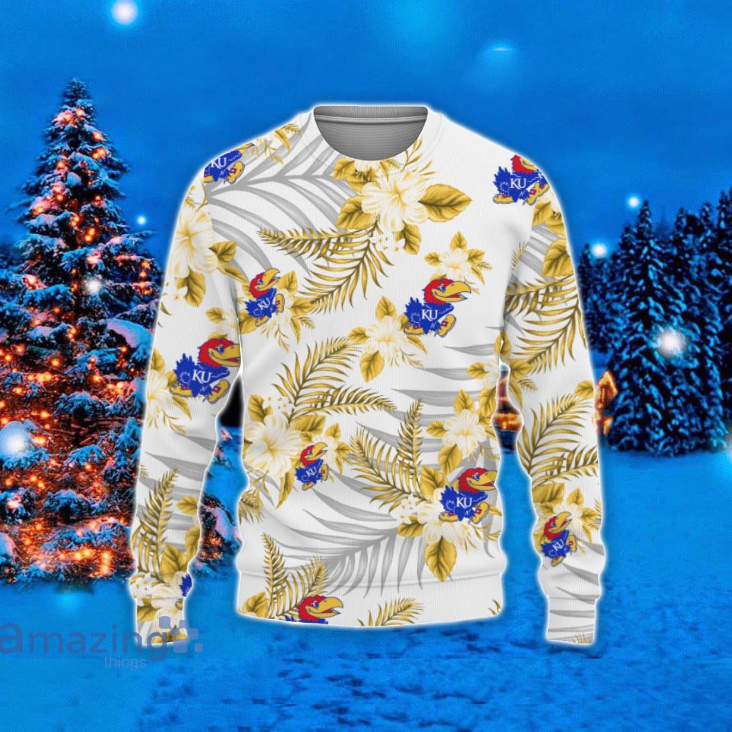 Kansas Jayhawks Hawaii Tropical Patterns Ugly Christmas Sweater For Fans Product Photo 1