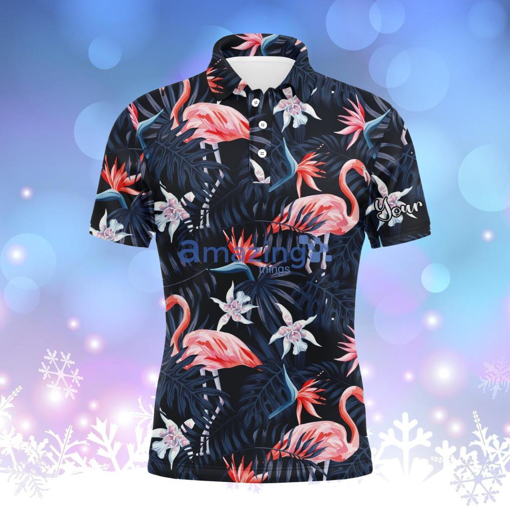 Men Golf Polo Upf Shirts Tropical Birds Pink Flamingo Dark Blue Palm Leaves  Personalized Polo Shirts