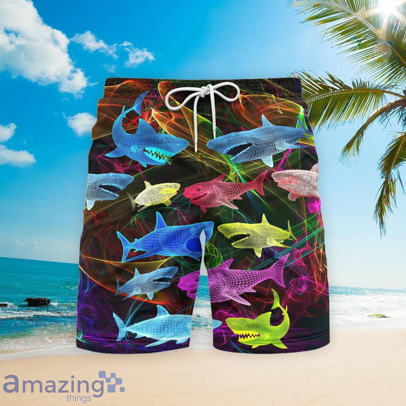 Neon Glowing Shark Beach Short For Men Best Gift For Summer Product Photo 1