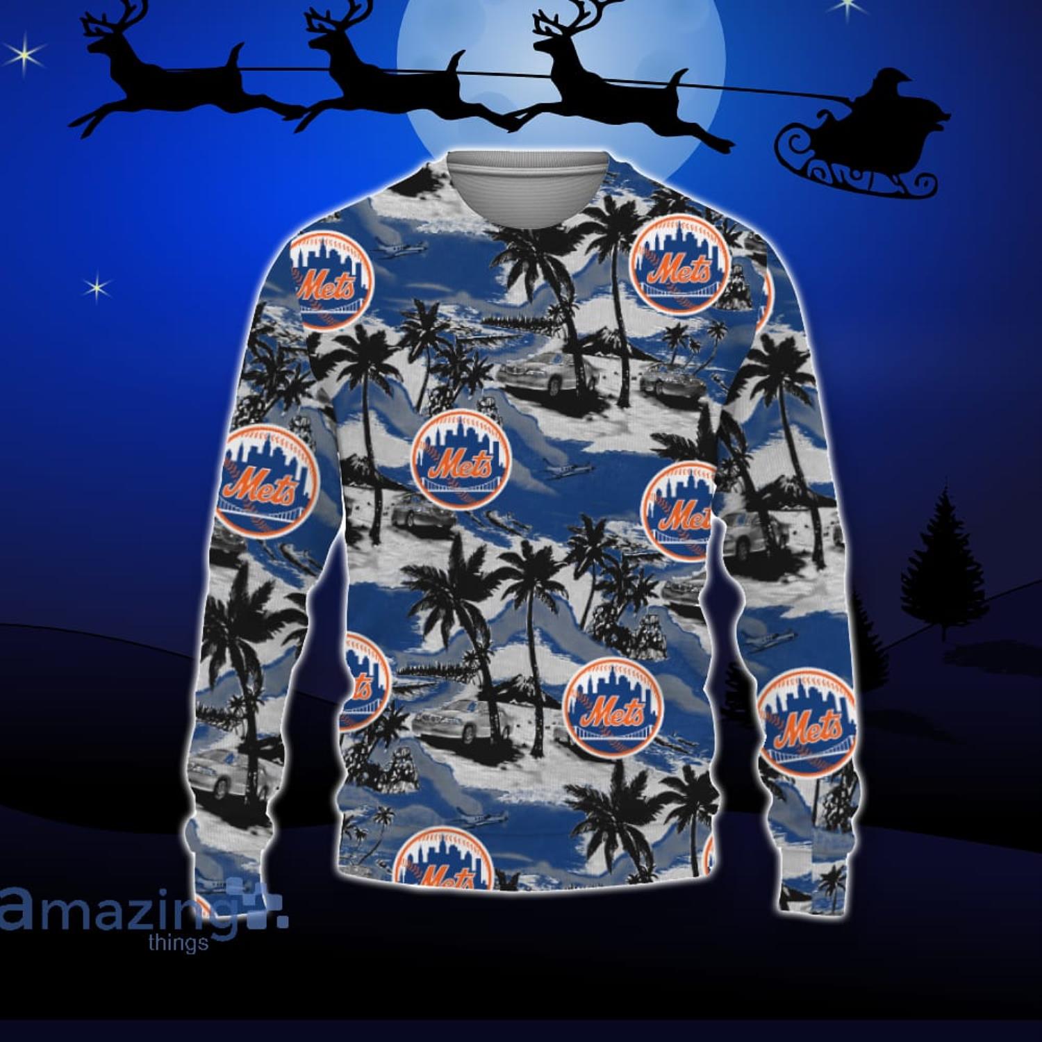 New York Mets Car And Coconut Tropical Patterns Ugly Christmas Sweater For Fans Product Photo 1