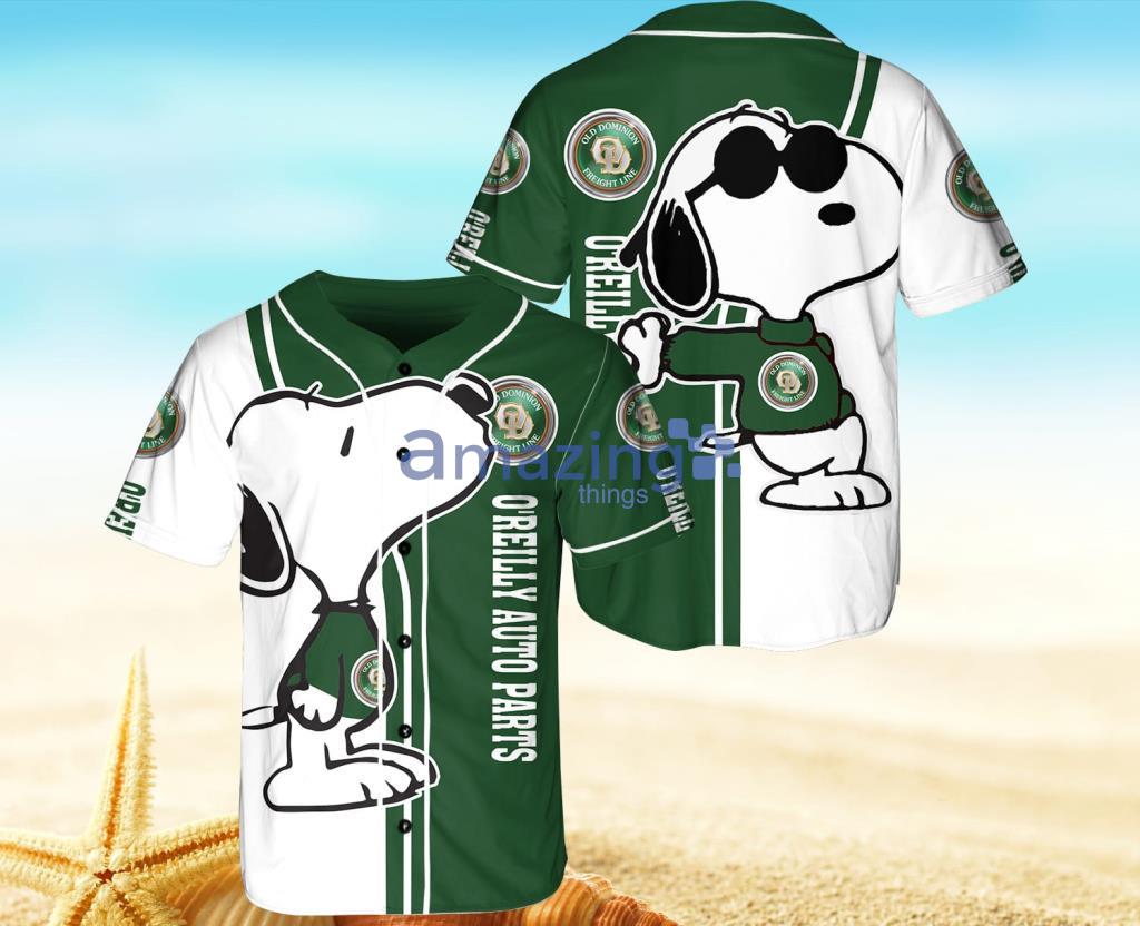 O'reilly Auto Parts Logo Snoopy Dark Green Baseball Jersey Shirt Gift For Men And Women Product Photo 1