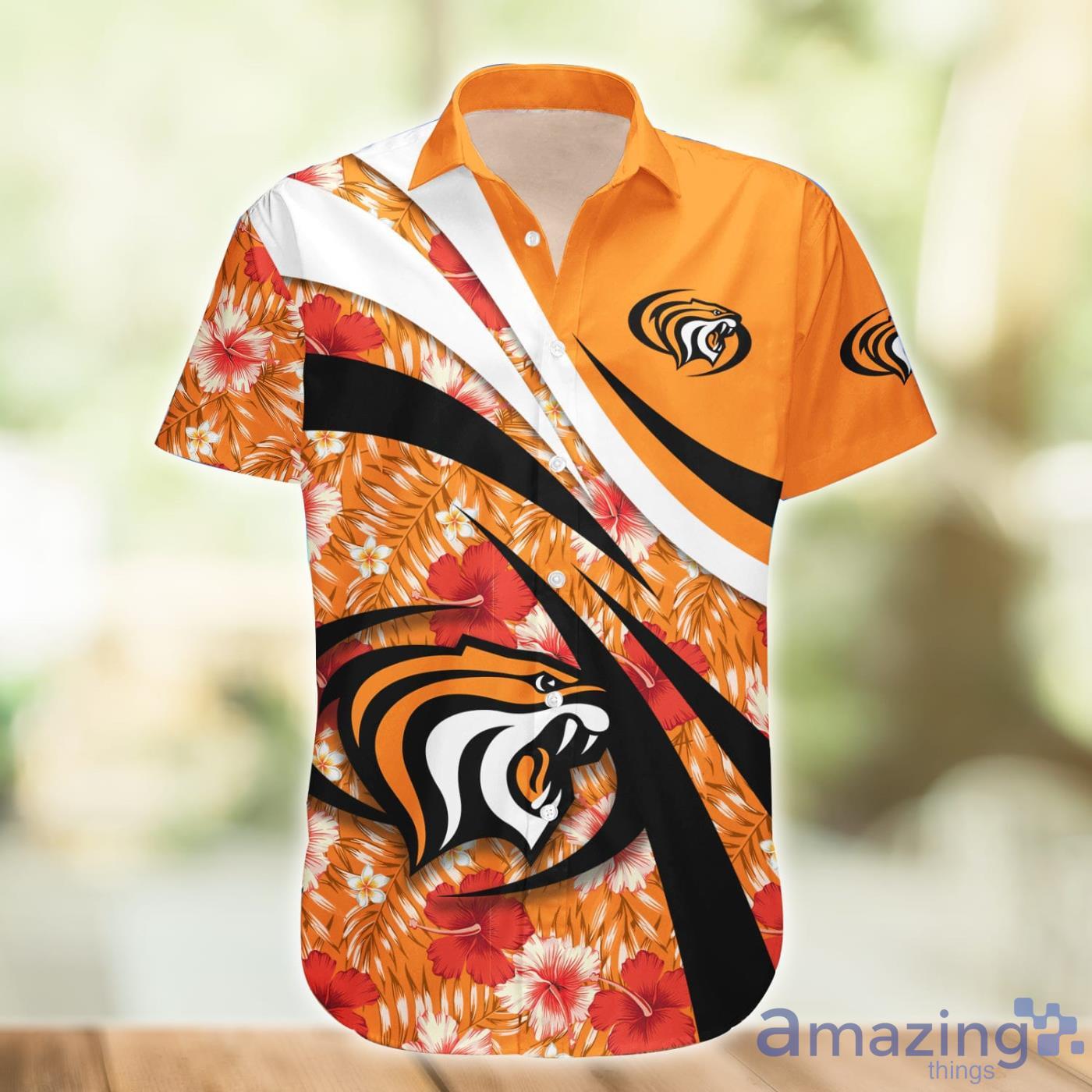 Pacific Tigers NCAA Hibiscus Flower Pattern Aloha Hawaiian Shirt Product Photo 1