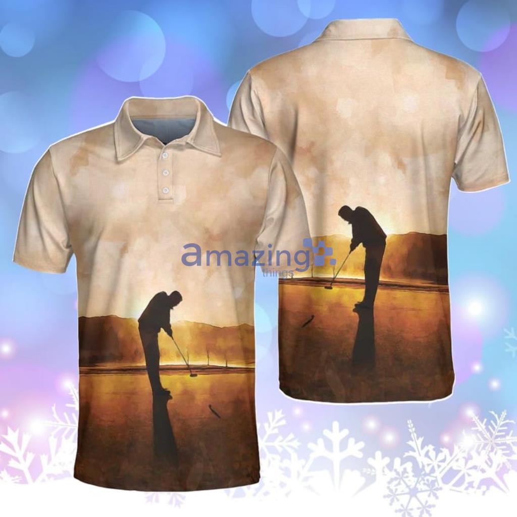 Playing Golf At Sunset Short Sleeve Polo Shirt Beautiful Scene Polo Shirt Best Golf Shirt For Men Product Photo 1