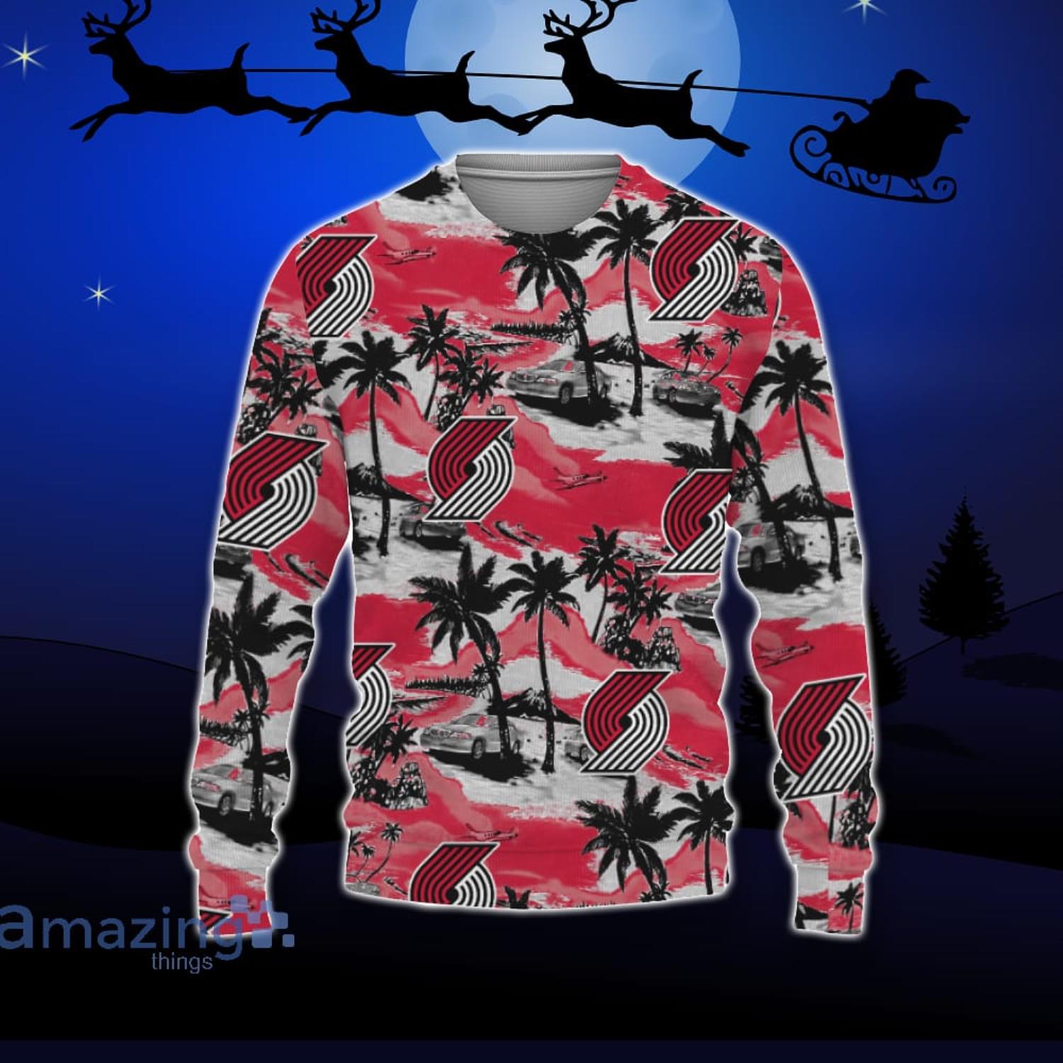 Portland Trail Blazers Car And Coconut Tropical Patterns Ugly Christmas Sweater For Fans Product Photo 1