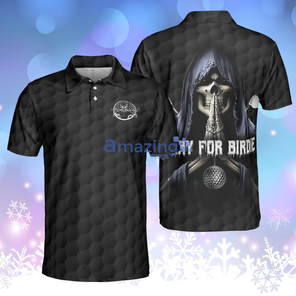 Pray For Birdie Golfing Skeleton Polo Shirt Black Golf Pattern Skull Polo Shirt Best Golf Shirt For Men Product Photo 1