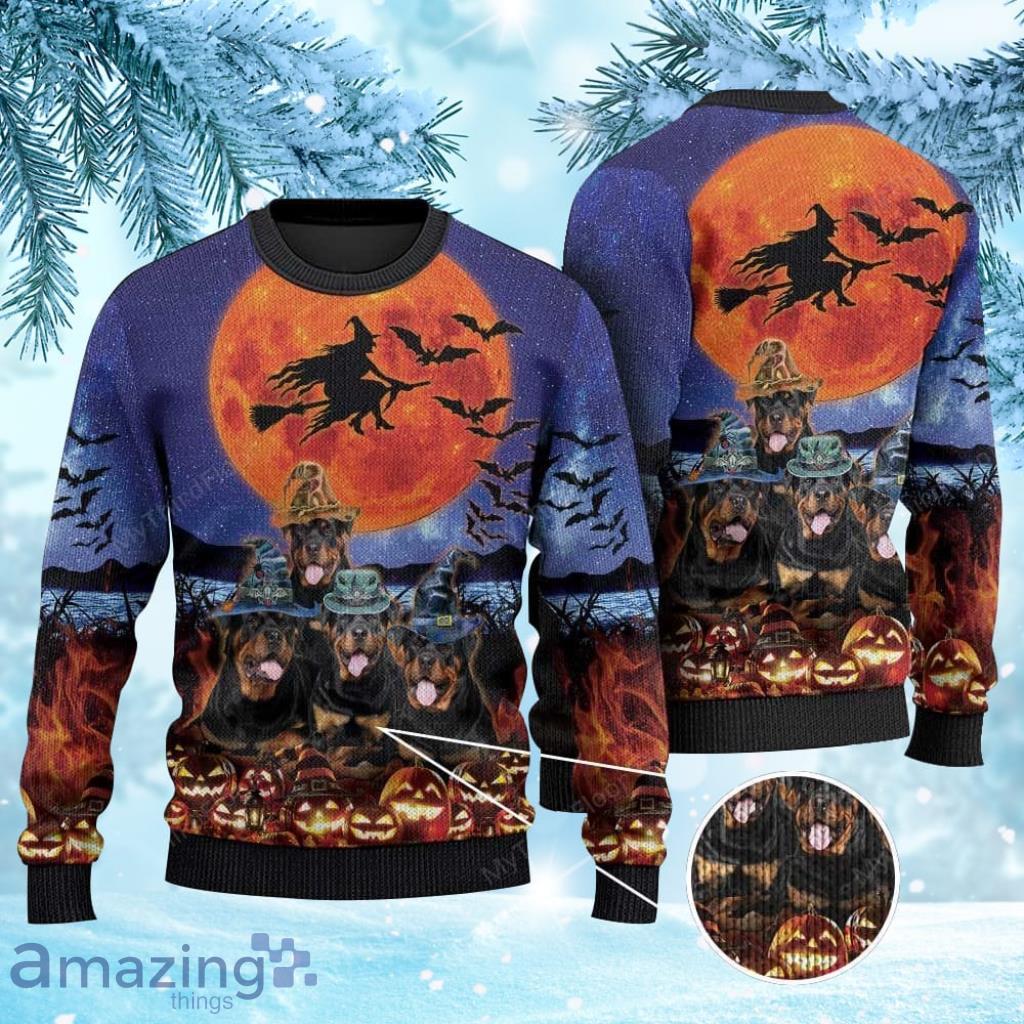 Rottweiler Dog Lovers Halloween Moon Ugly Christmas Sweater 3D Gift For Men And Women Product Photo 1